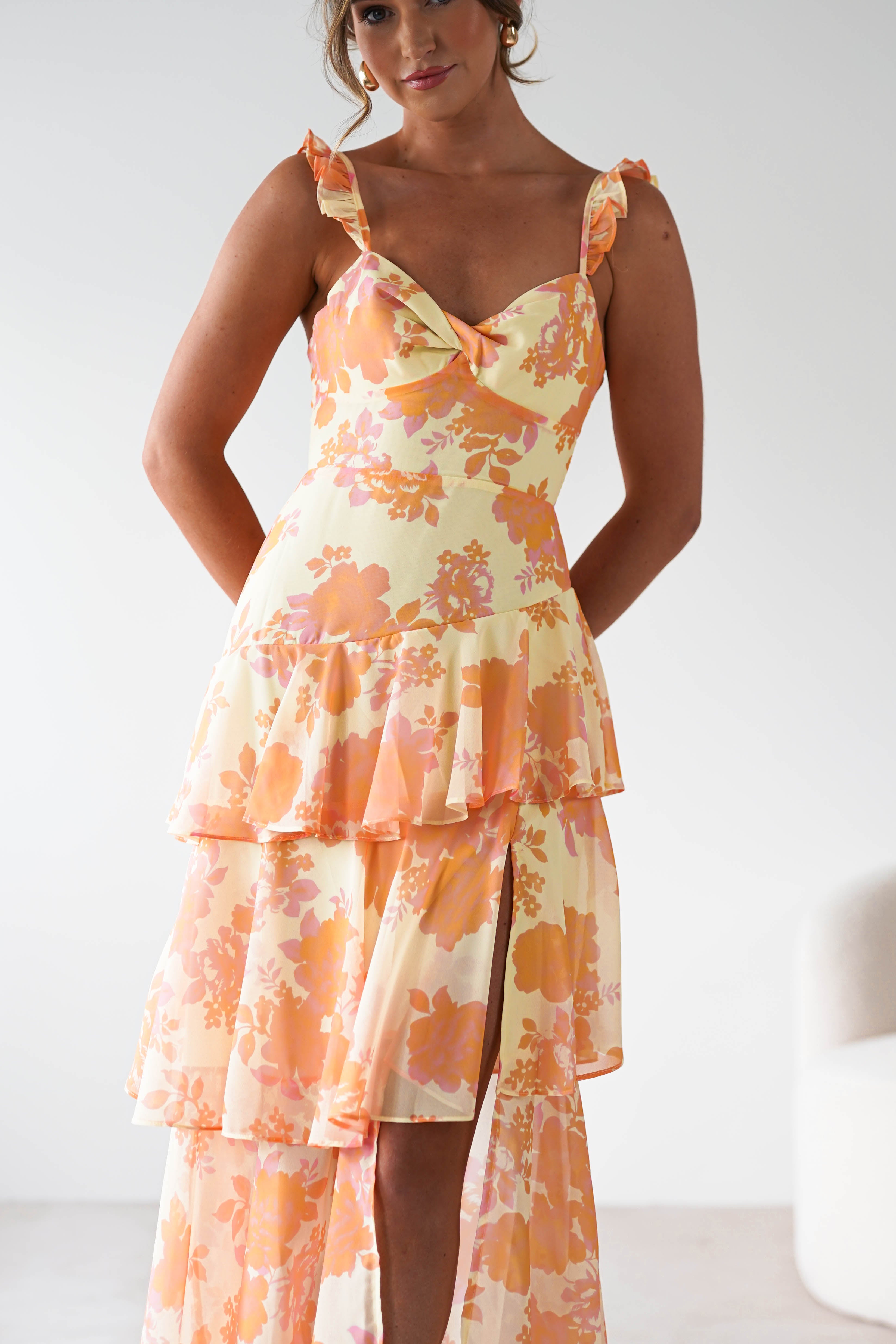 Allie Ruffle Floral Maxi Dress | Yellow/Peach | Oh Hello Clothing | XS (6)