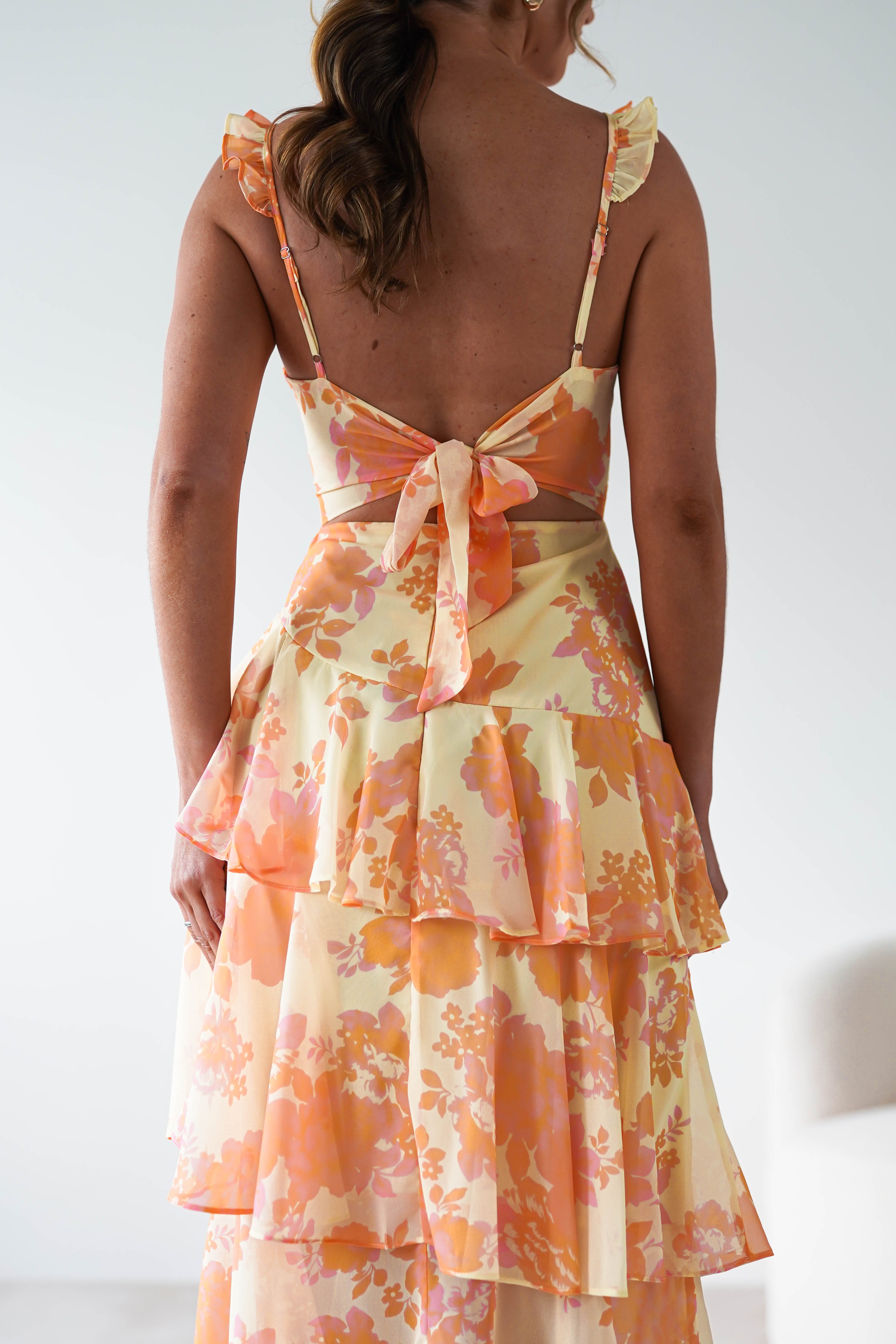 Allie Ruffle Floral Maxi Dress | Yellow/Peach | Oh Hello Clothing | XS (6)