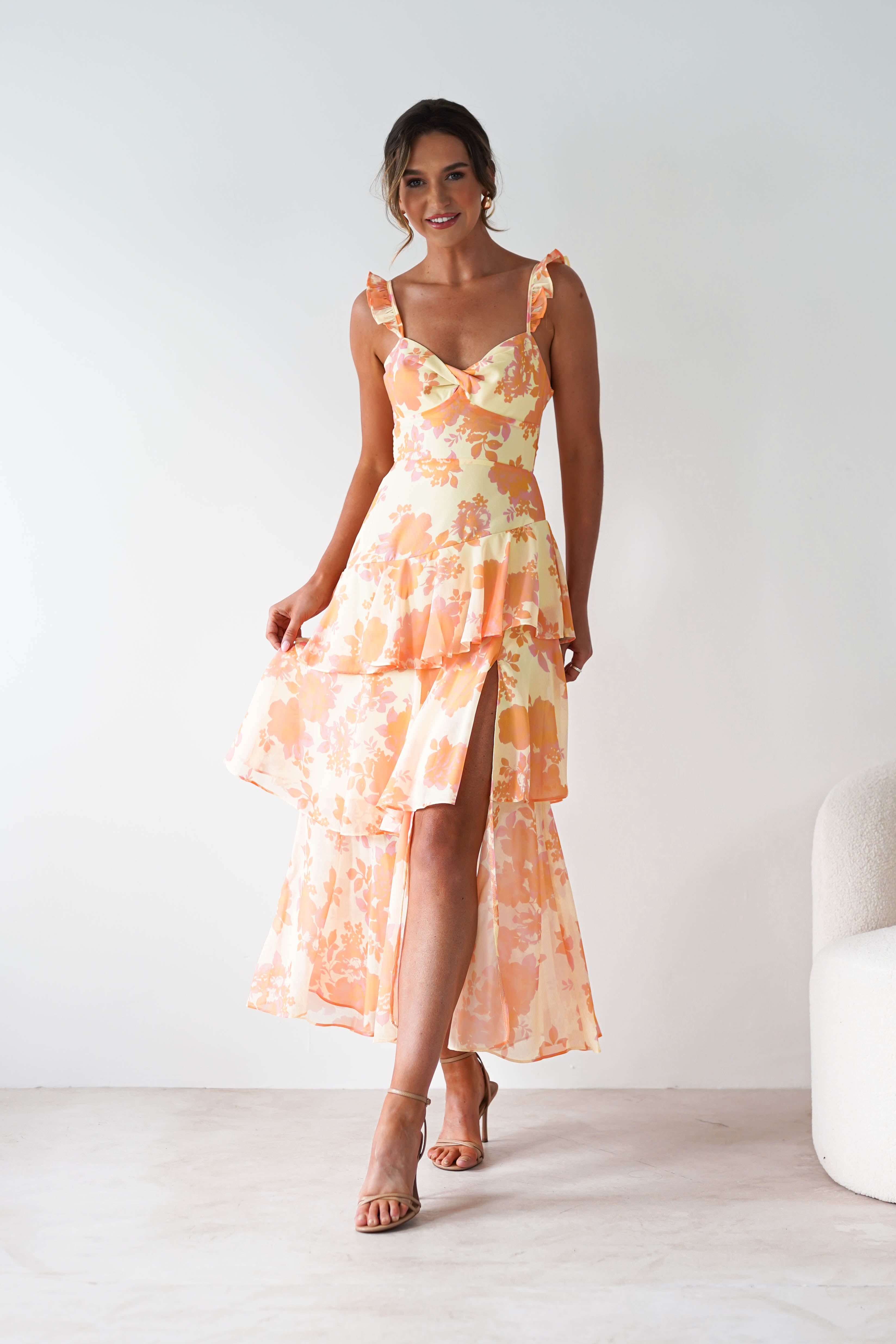 Allie Ruffle Floral Maxi Dress | Yellow/Peach | Oh Hello Clothing | XS (6)