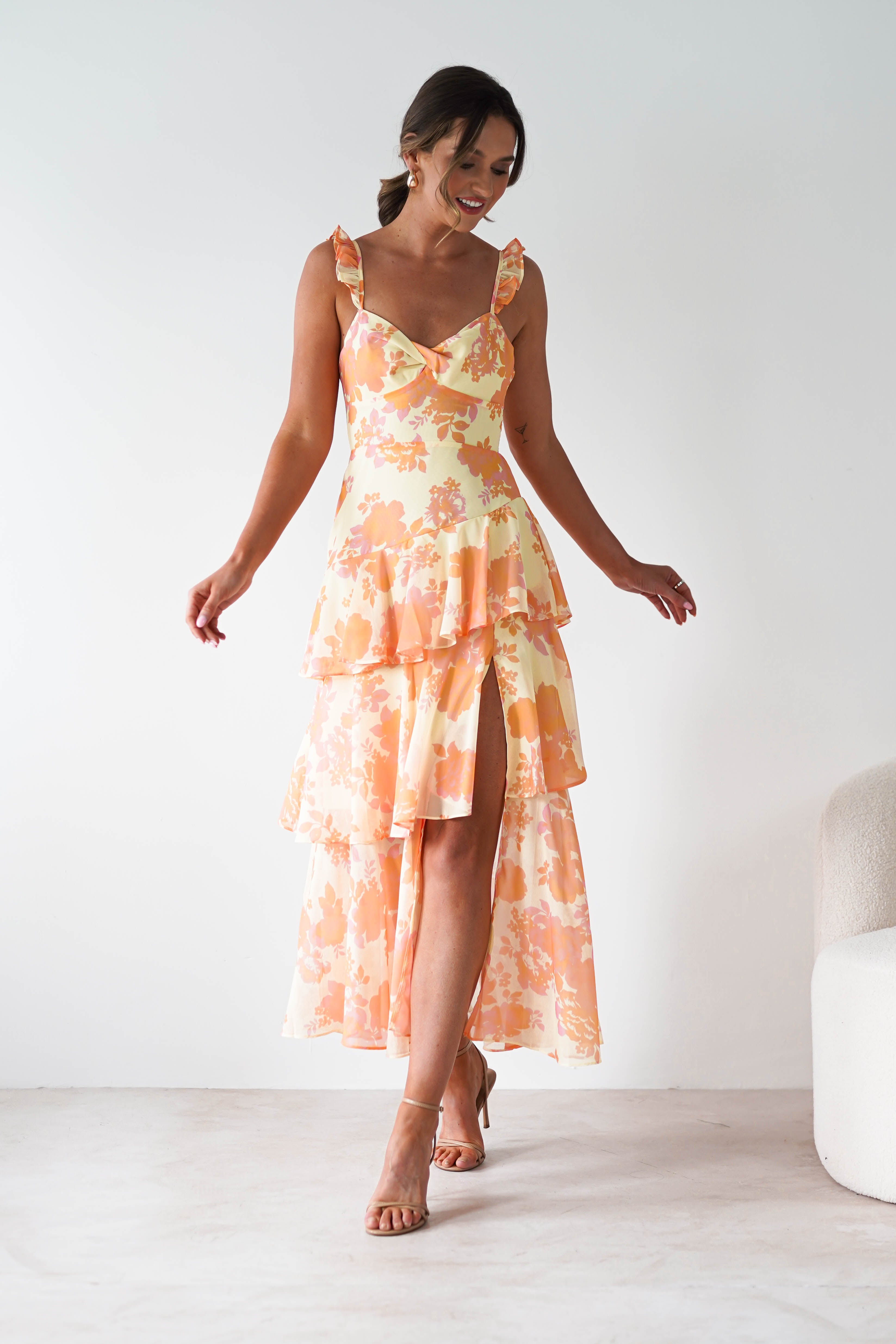 Allie Ruffle Floral Maxi Dress | Yellow/Peach | Oh Hello Clothing | XS (6)