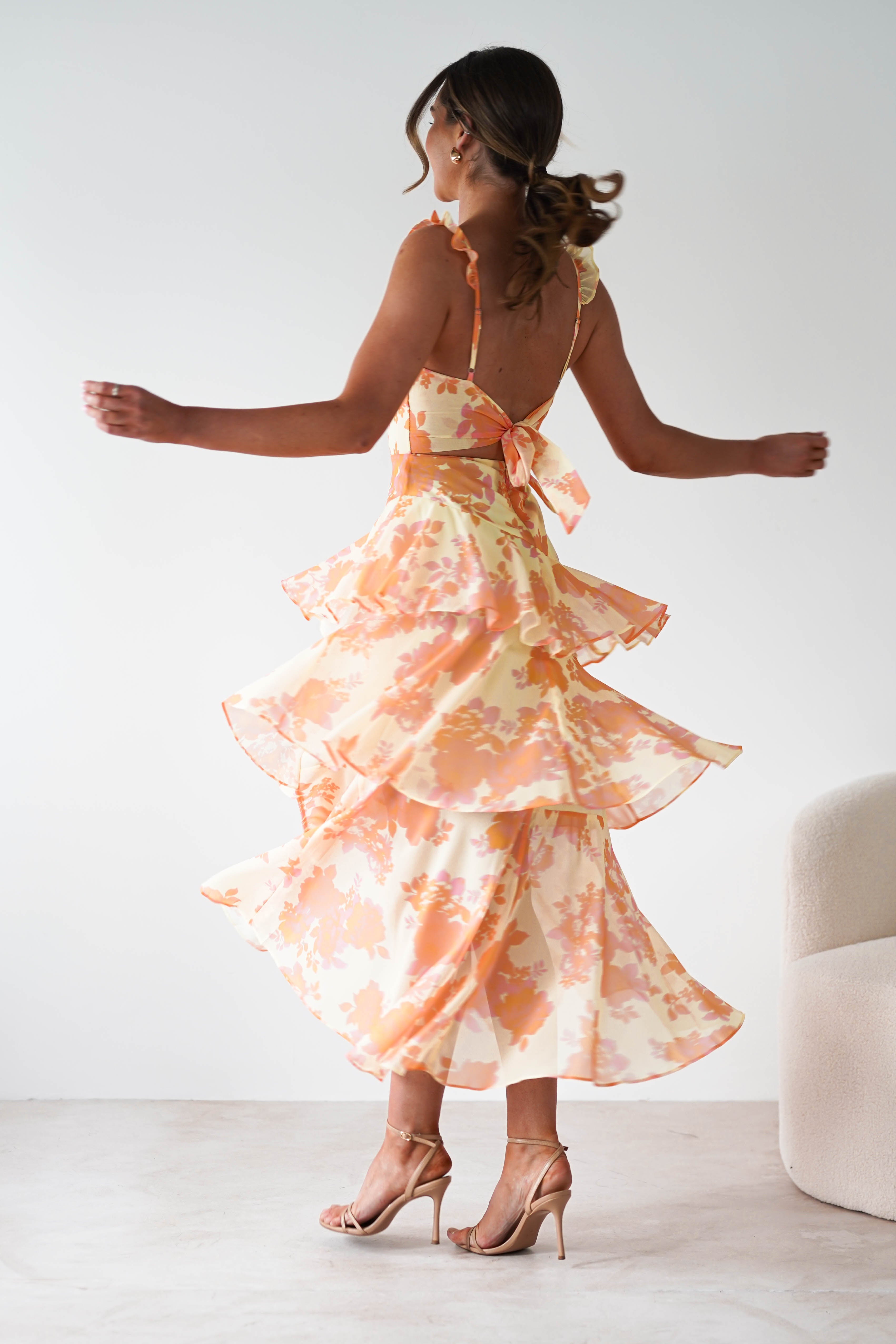 Allie Ruffle Floral Maxi Dress | Yellow/Peach | Oh Hello Clothing | XS (6)