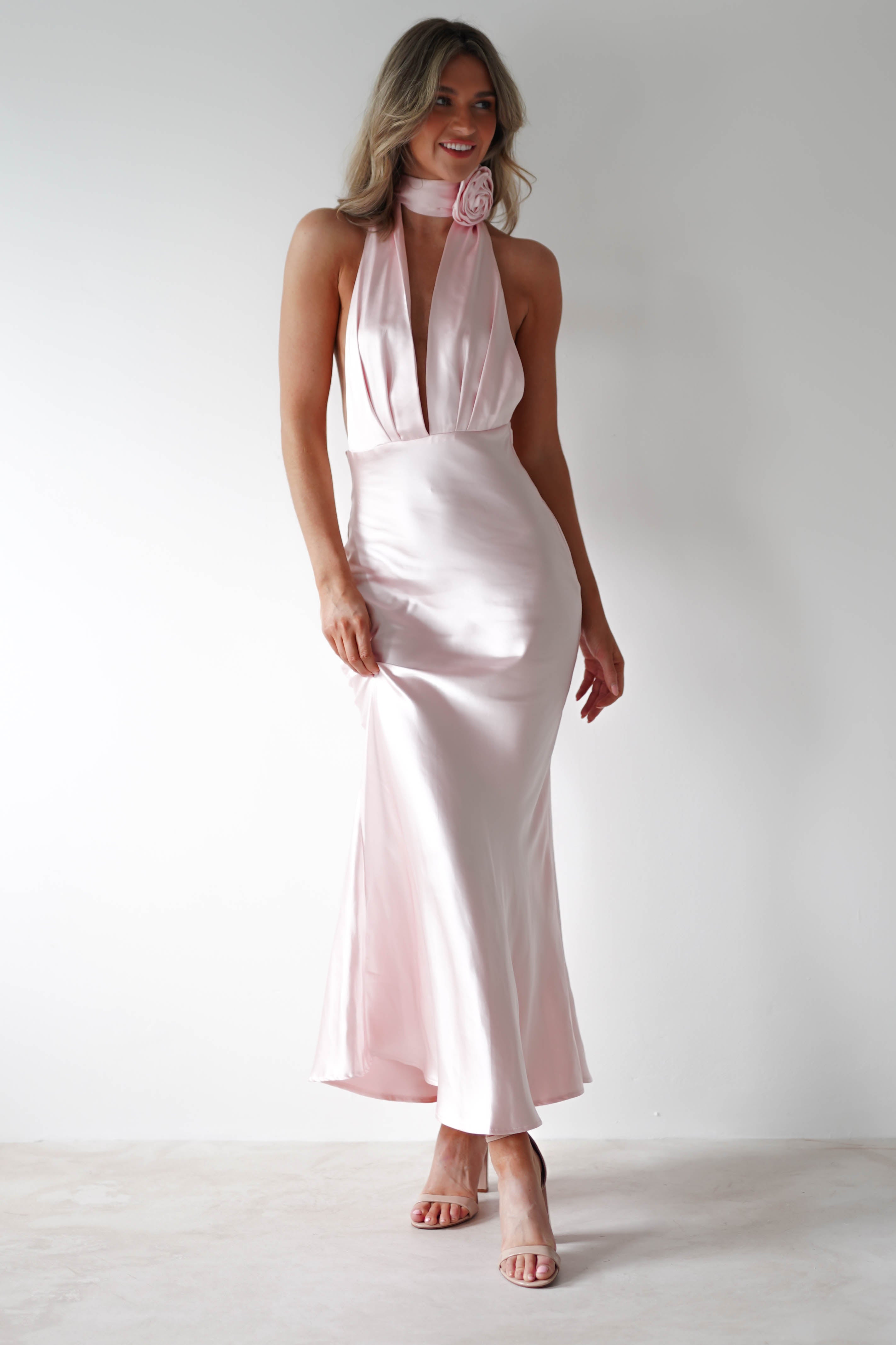 Kaylah Soft Satin Maxi Dress | Pearl Pink - Oh Hello Clothing