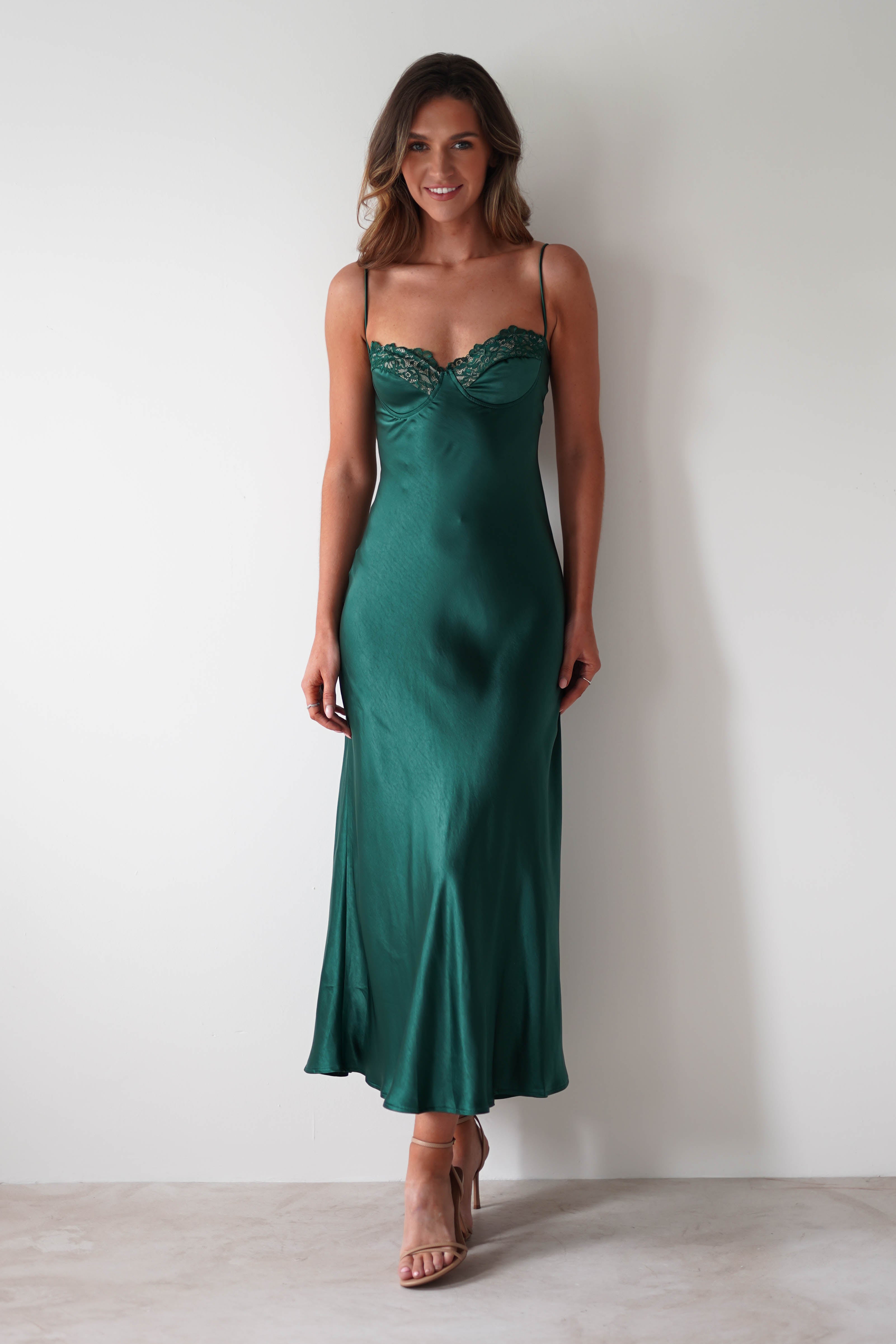 SASHA On Sale Ricci Soft Satin Maxi Dress | Forest Green