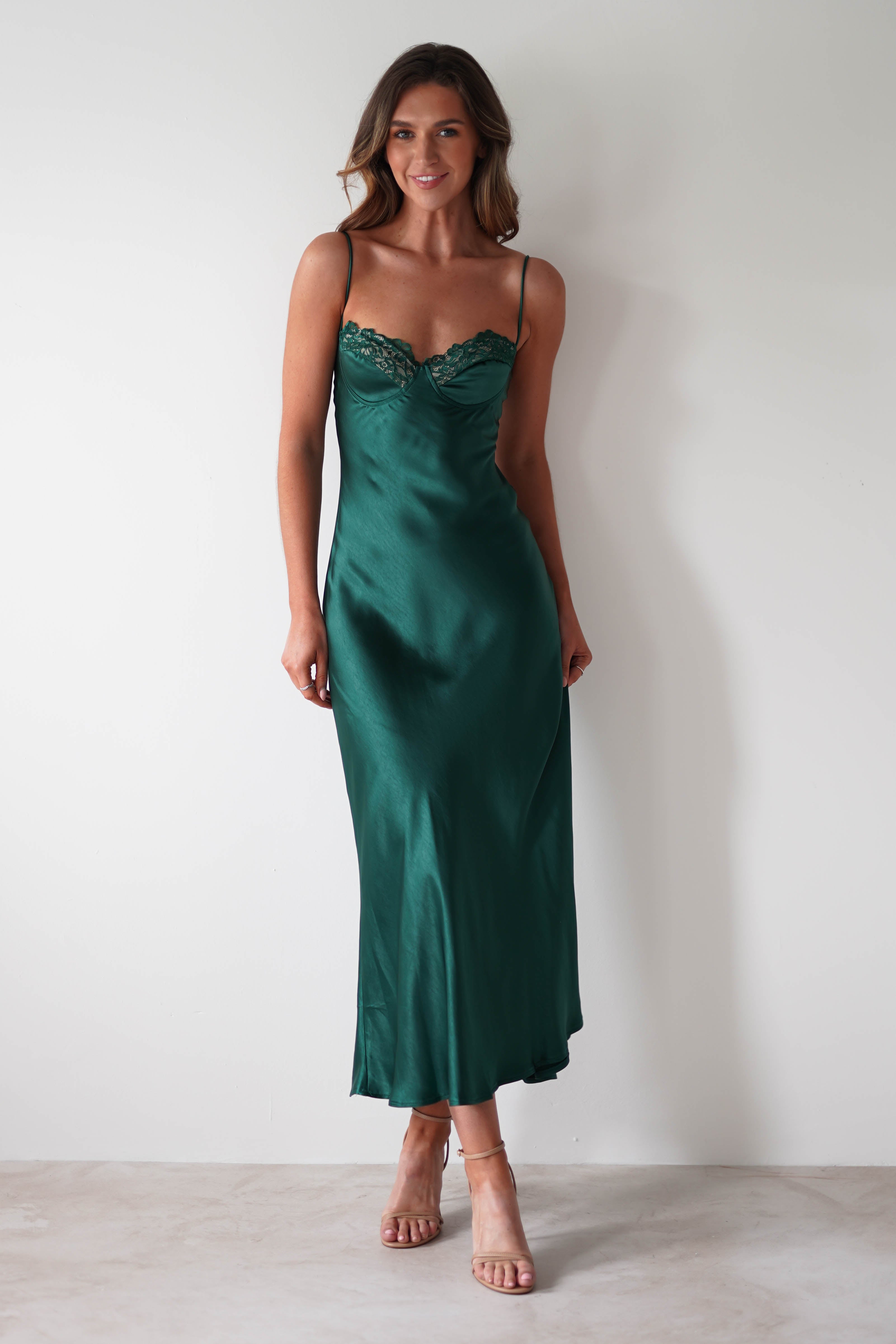 SASHA On Sale Ricci Soft Satin Maxi Dress | Forest Green