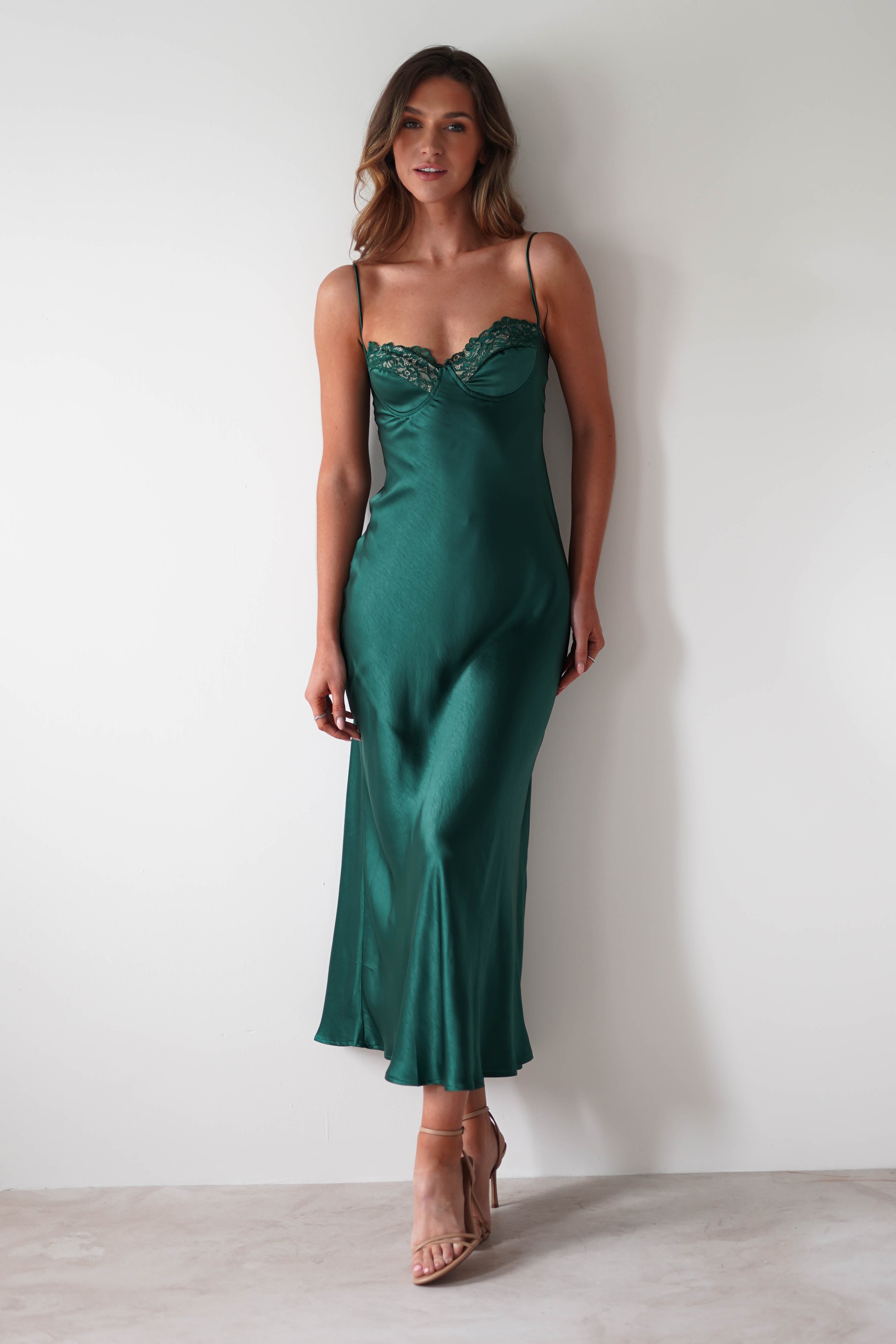 SASHA On Sale Ricci Soft Satin Maxi Dress | Forest Green