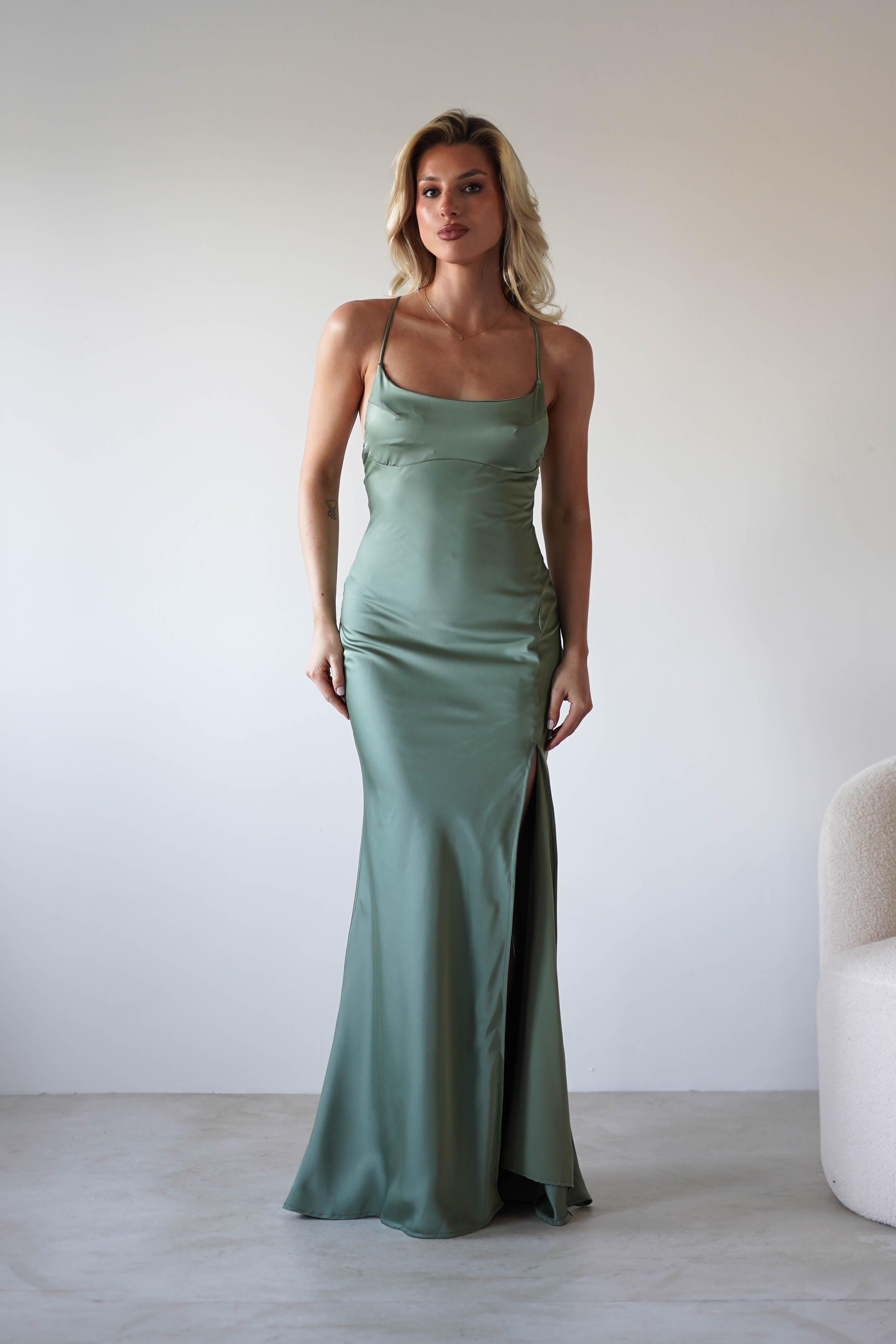 Elsa Matte Satin Maxi Gown | Olive | Oh Hello Clothing | XS (6)