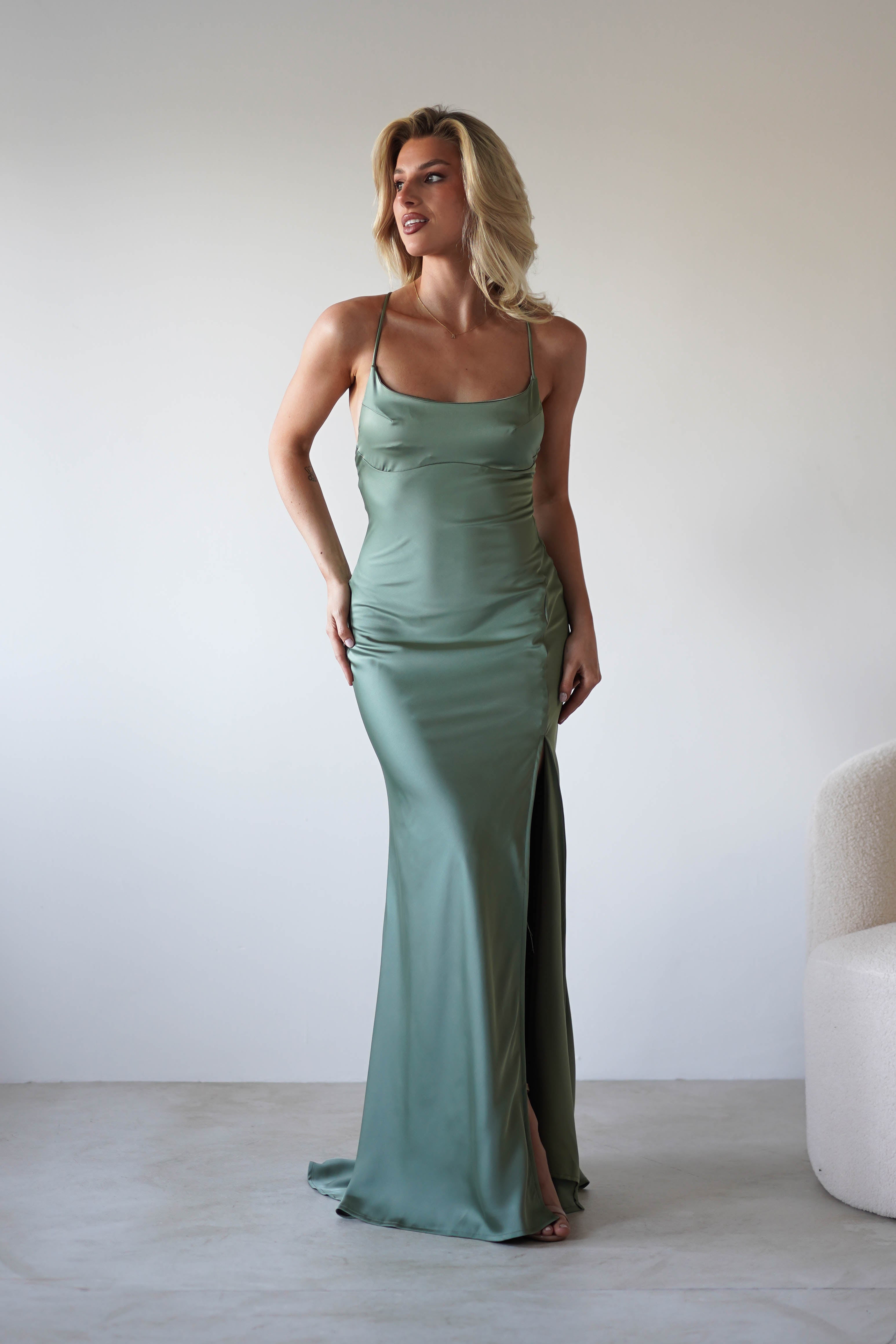Elsa Matte Satin Maxi Gown | Olive | Oh Hello Clothing | XS (6)