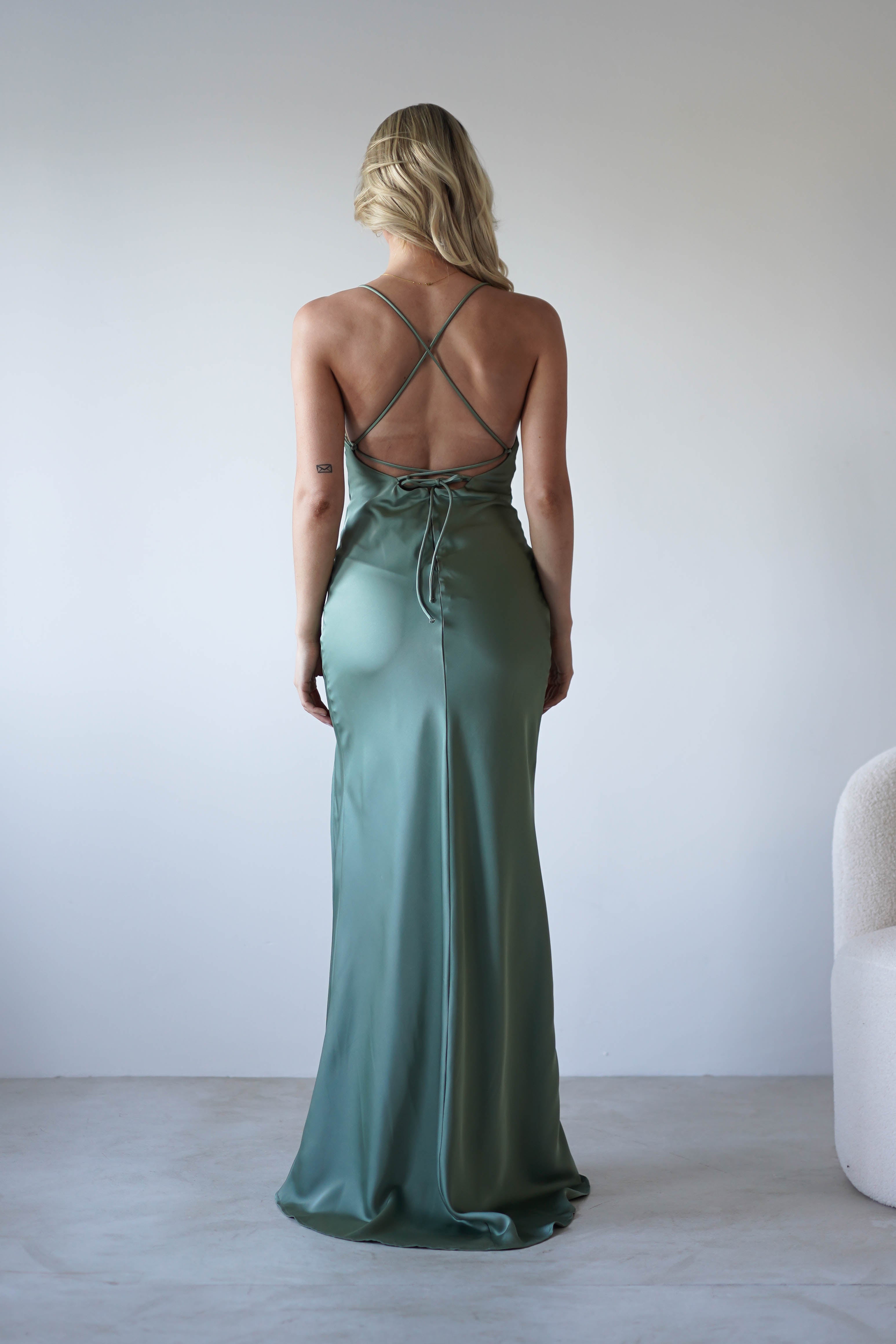 Elsa Matte Satin Maxi Gown | Olive | Oh Hello Clothing | XS (6)
