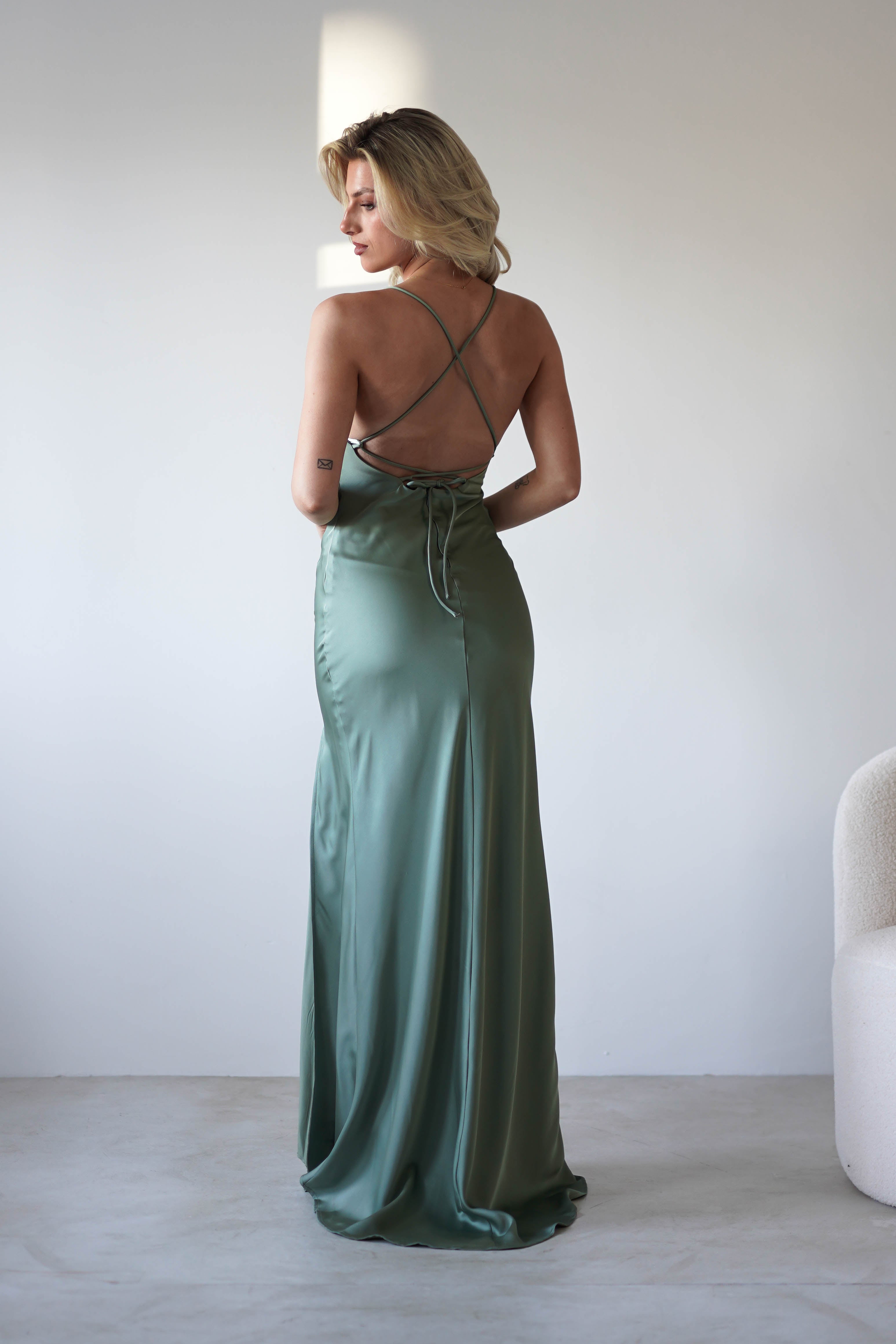 Elsa Matte Satin Maxi Gown | Olive | Oh Hello Clothing | XS (6)