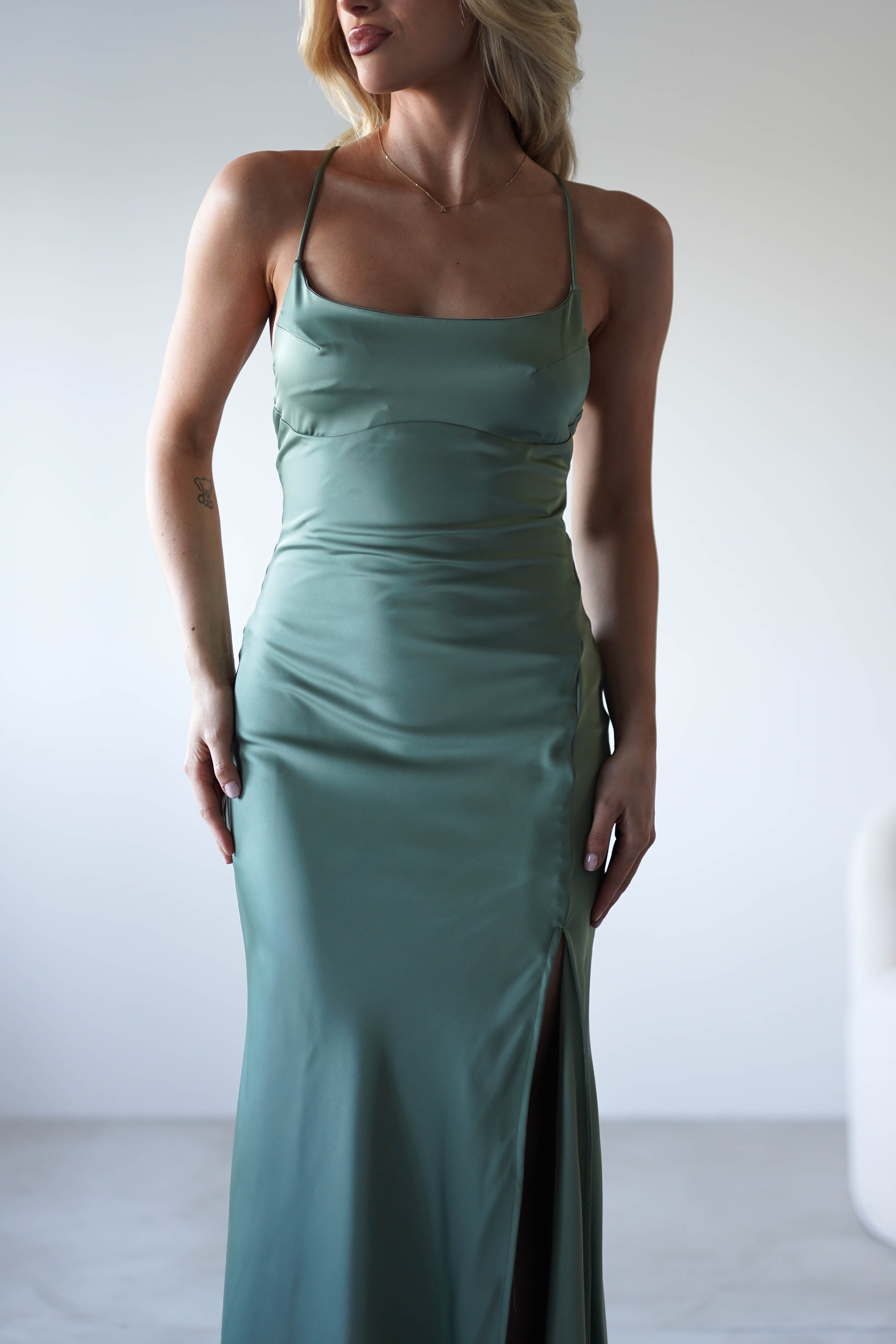 Elsa Matte Satin Maxi Gown | Olive | Oh Hello Clothing | XS (6)