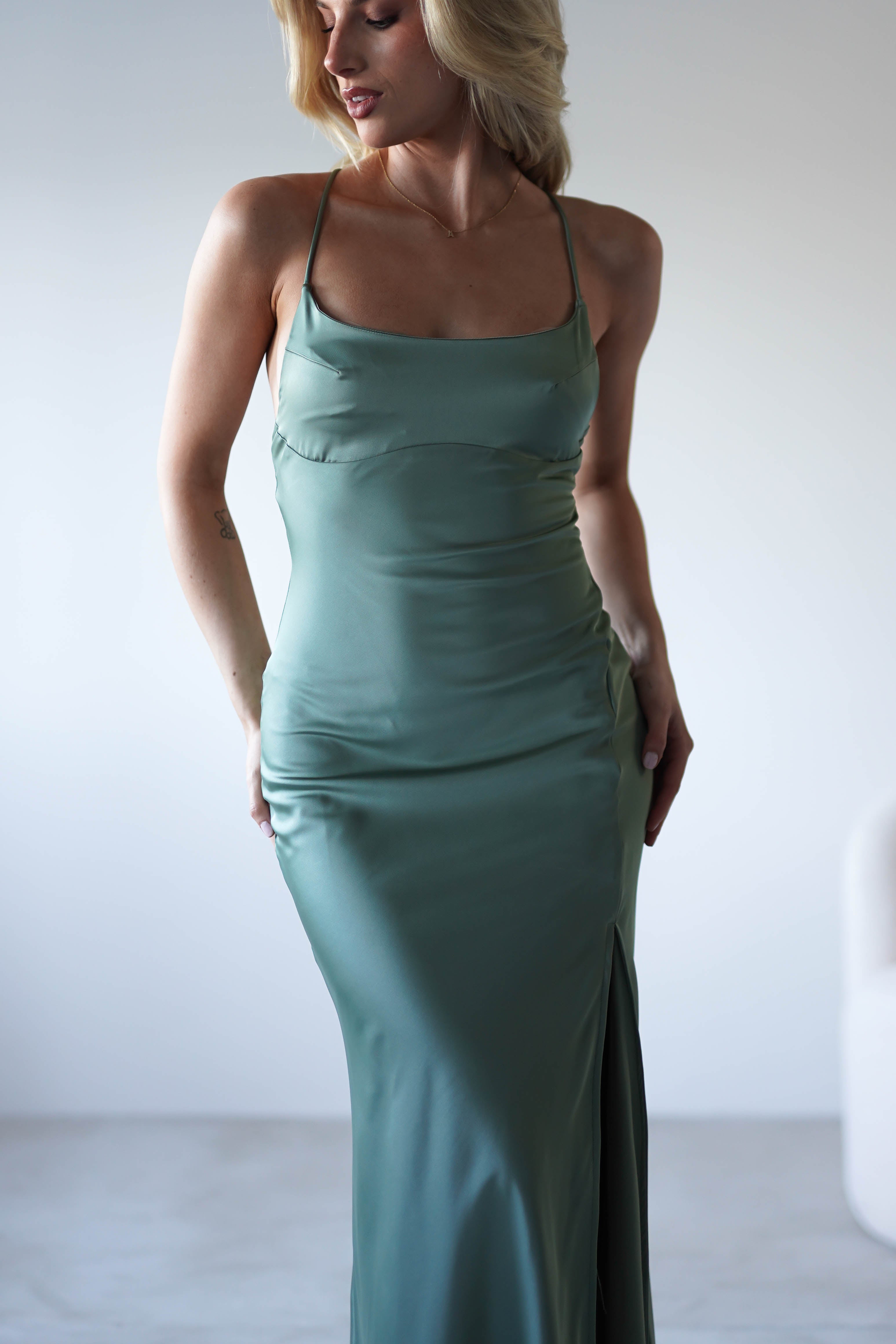 Elsa Matte Satin Maxi Gown | Olive | Oh Hello Clothing | XS (6)