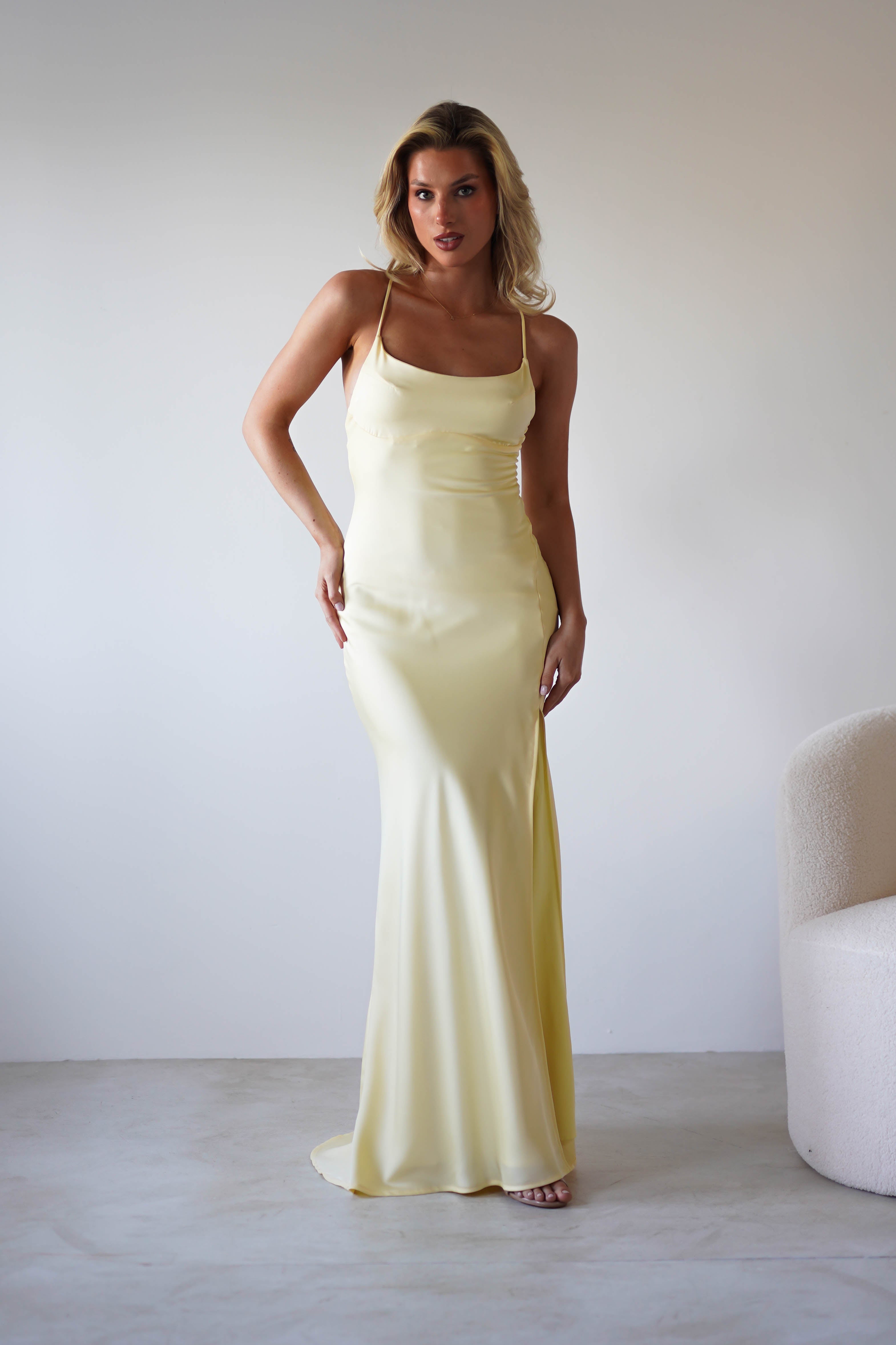 Elsa Matte Satin Maxi Gown | Yellow | Oh Hello Clothing | XS (6)