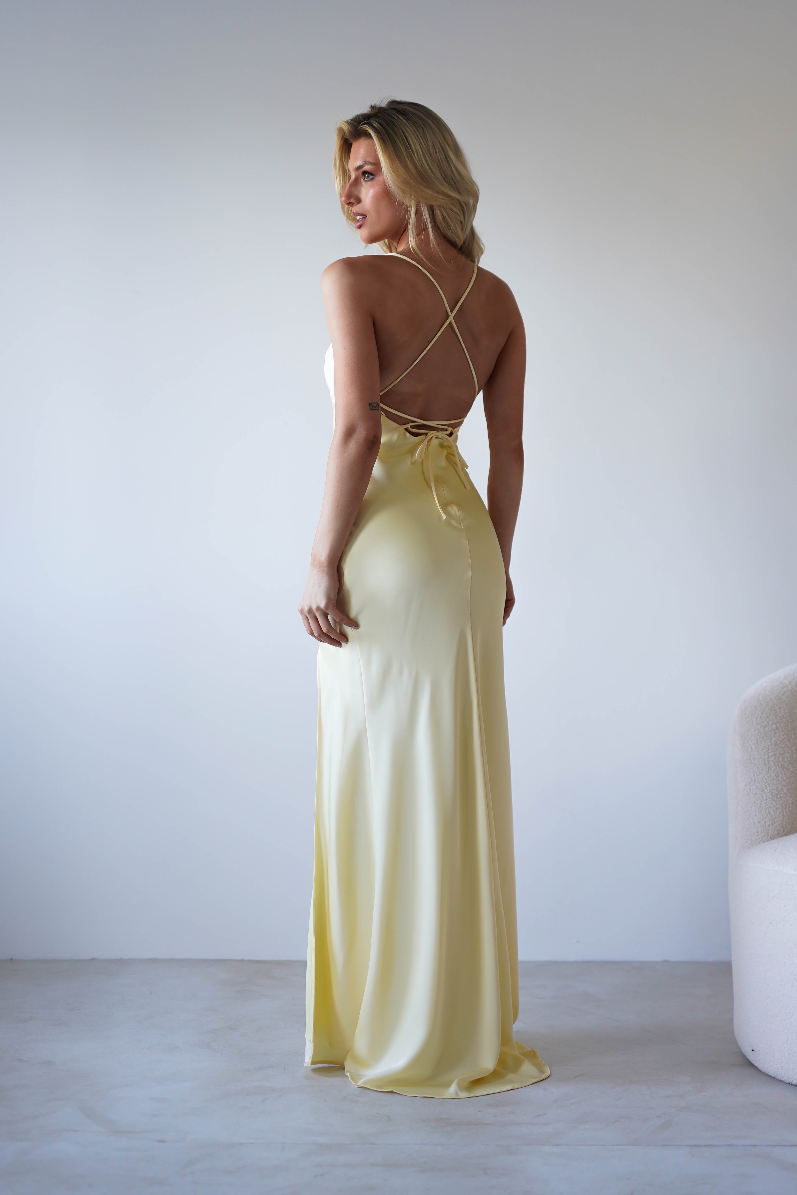 Elsa Matte Satin Maxi Gown | Yellow | Oh Hello Clothing | XS (6)