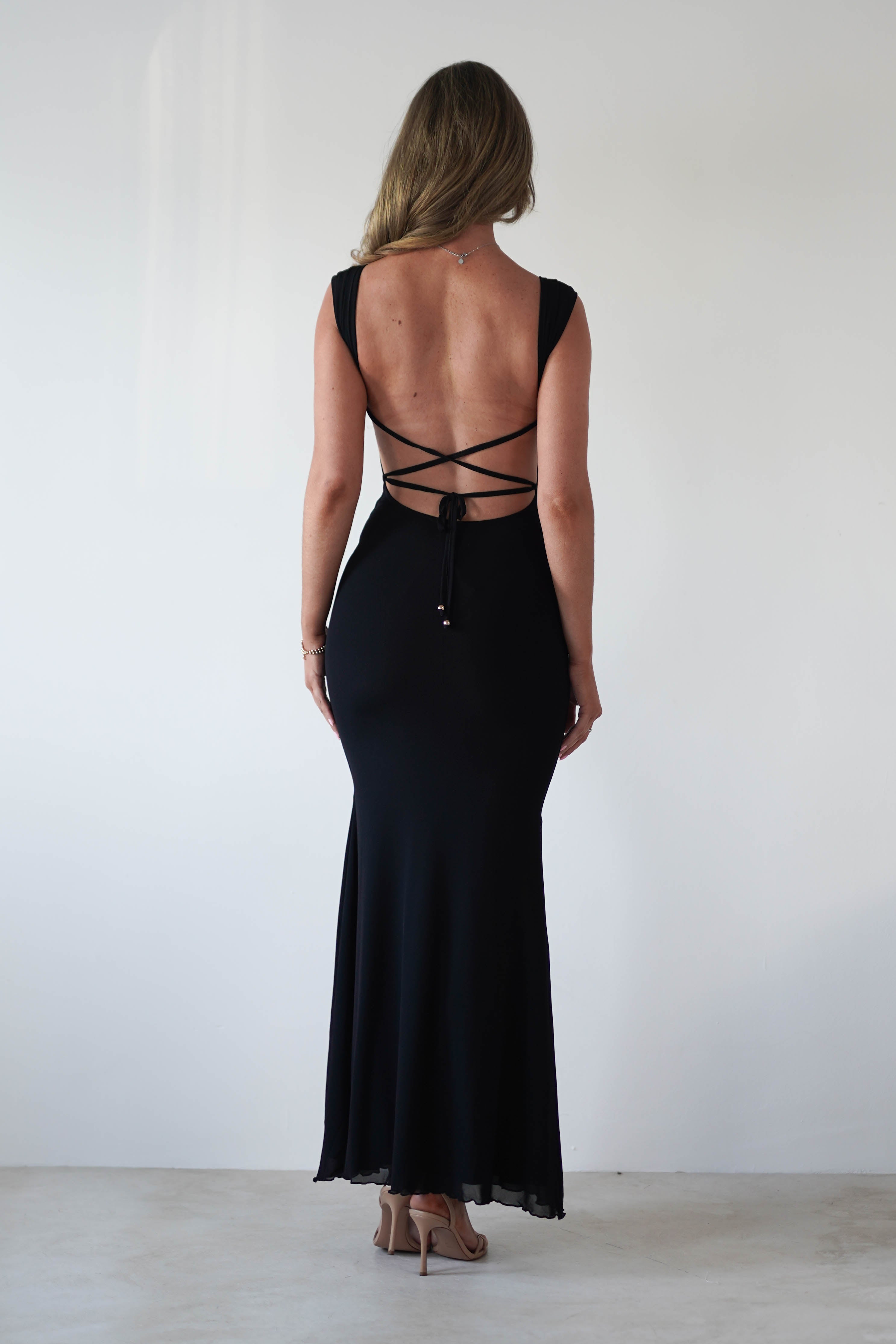 Sky Stretchy Mesh Backless Maxi Dress | Black