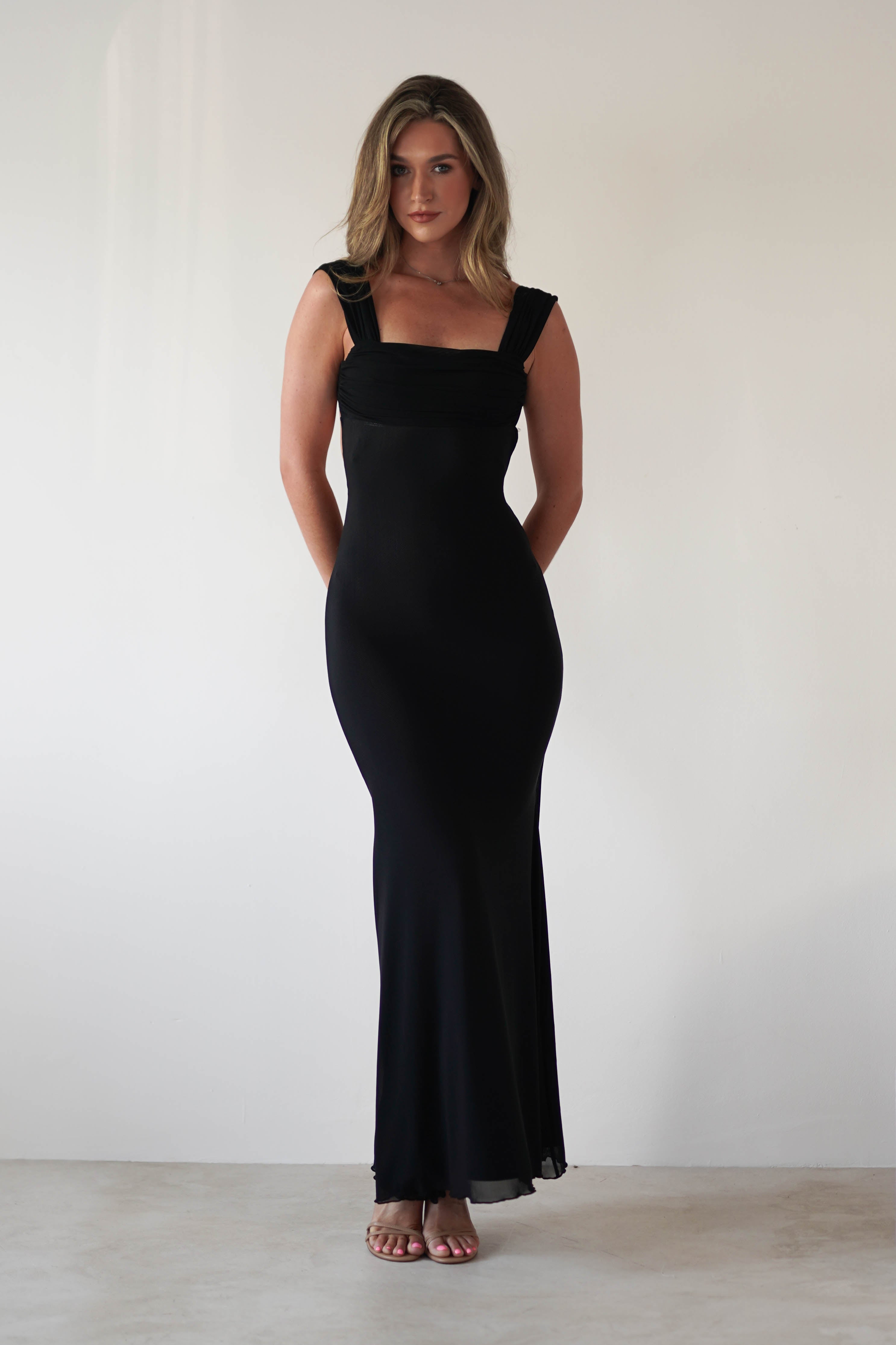 Sky Stretchy Mesh Backless Maxi Dress | Black