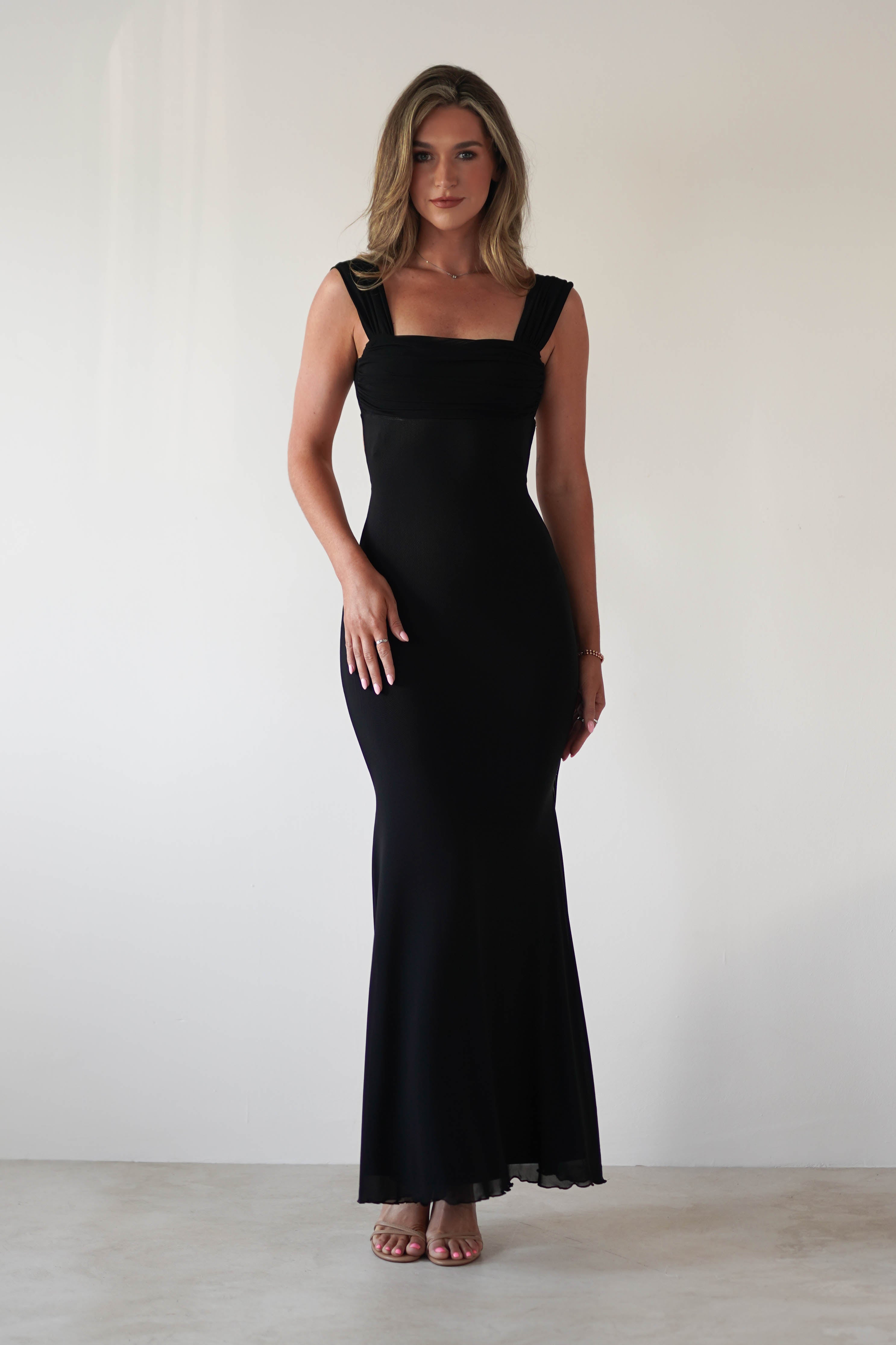Sky Stretchy Mesh Backless Maxi Dress | Black