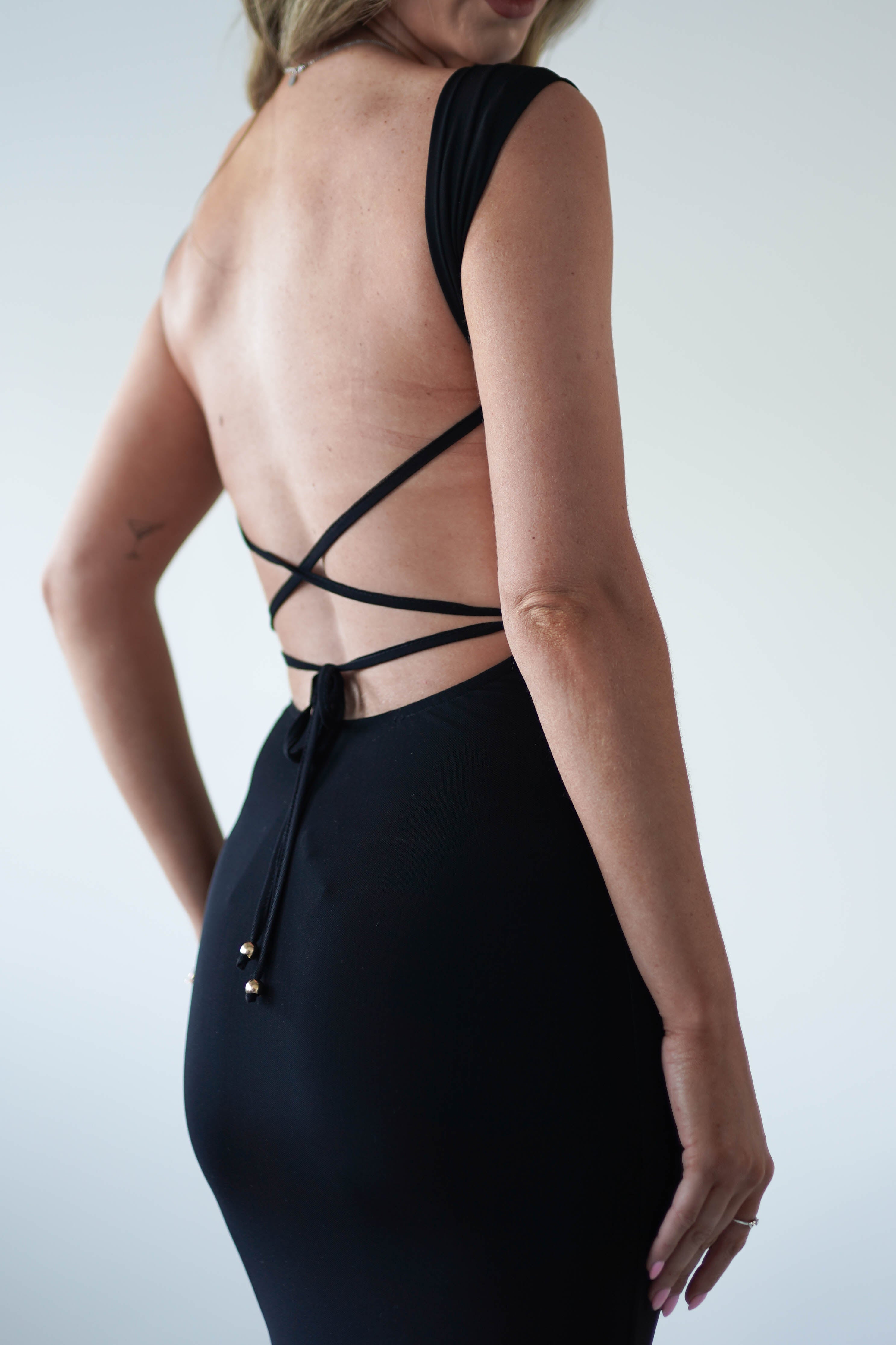 Sky Stretchy Mesh Backless Maxi Dress | Black