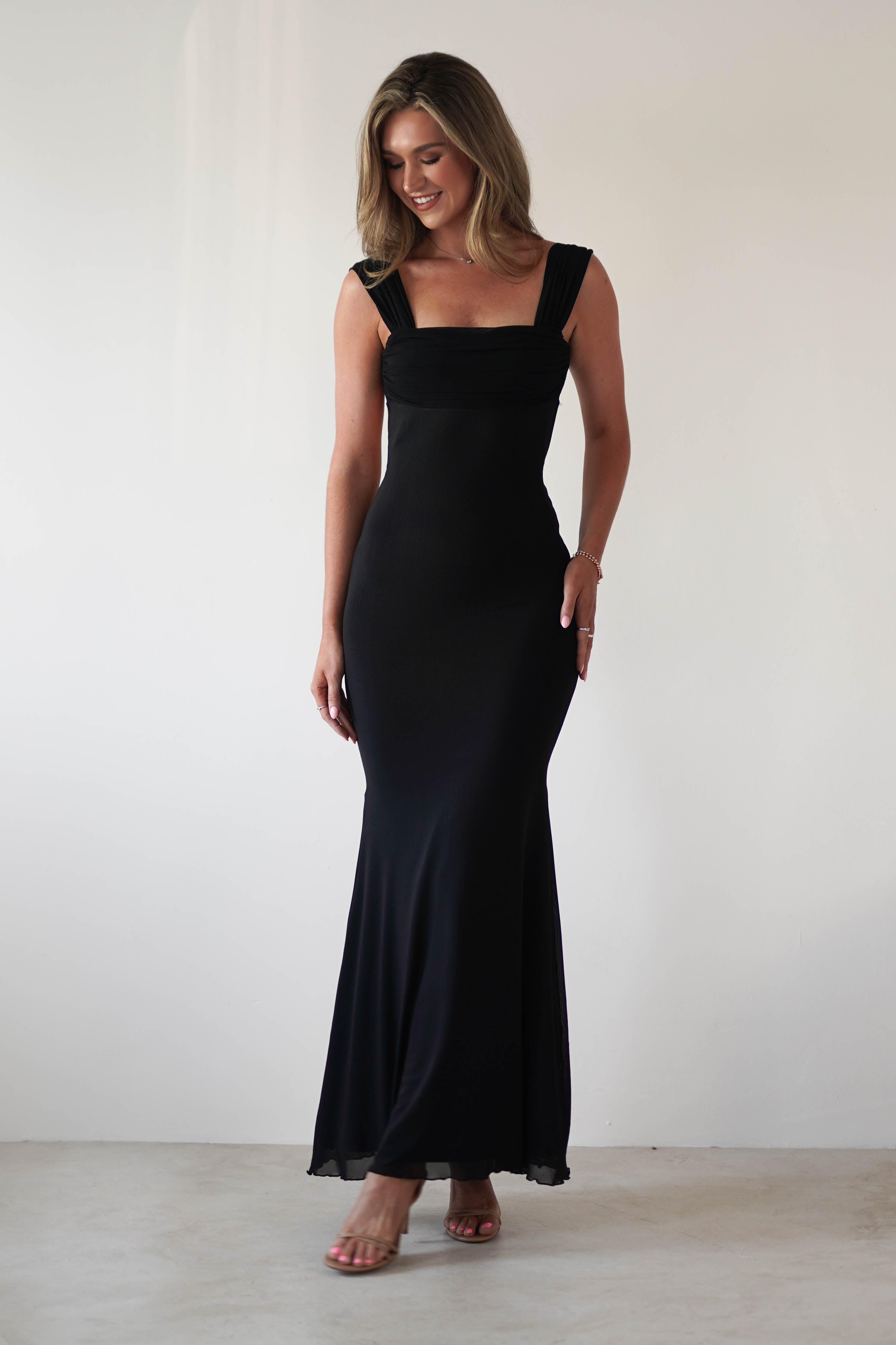 Sky Stretchy Mesh Backless Maxi Dress | Black