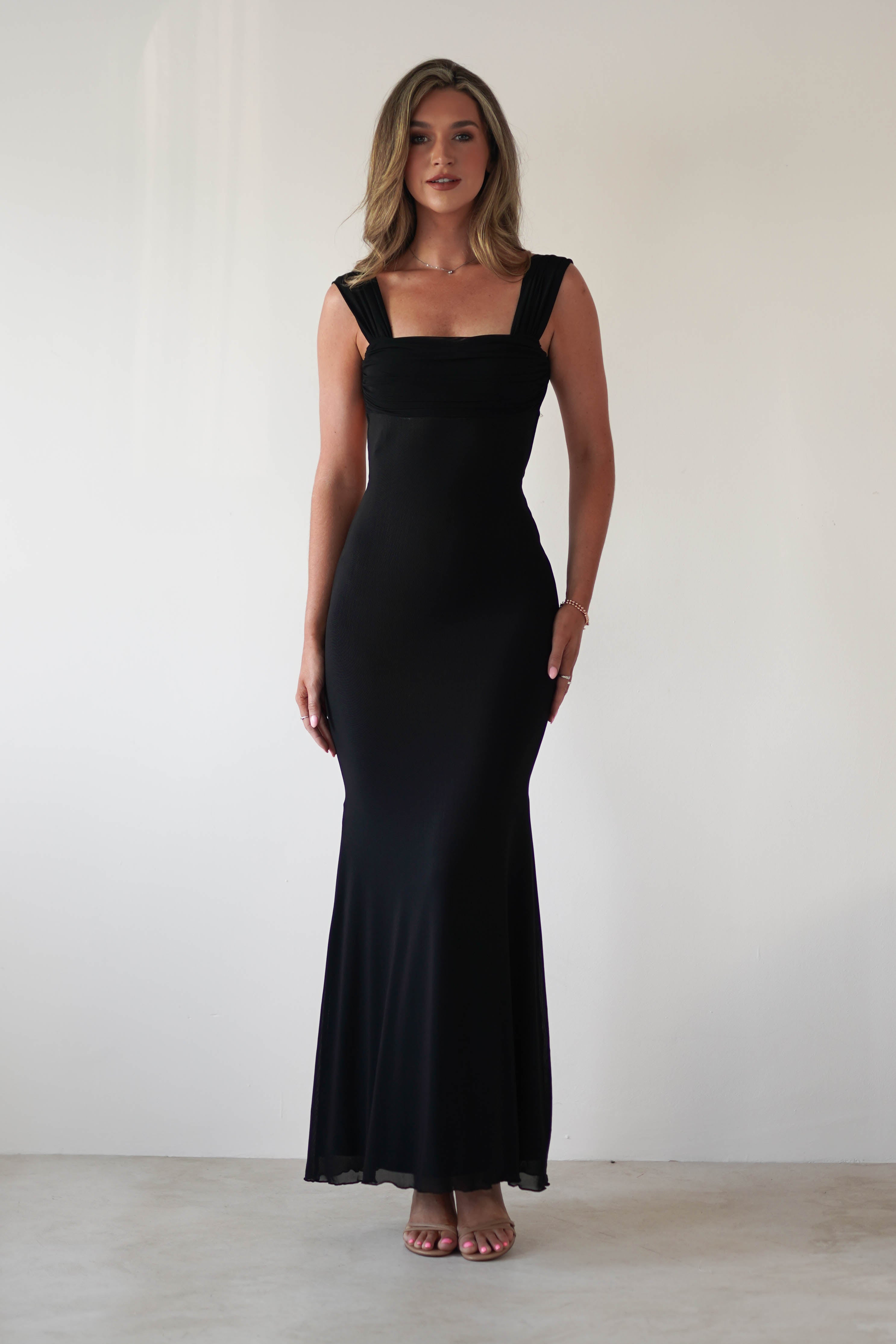 Sky Stretchy Mesh Backless Maxi Dress | Black