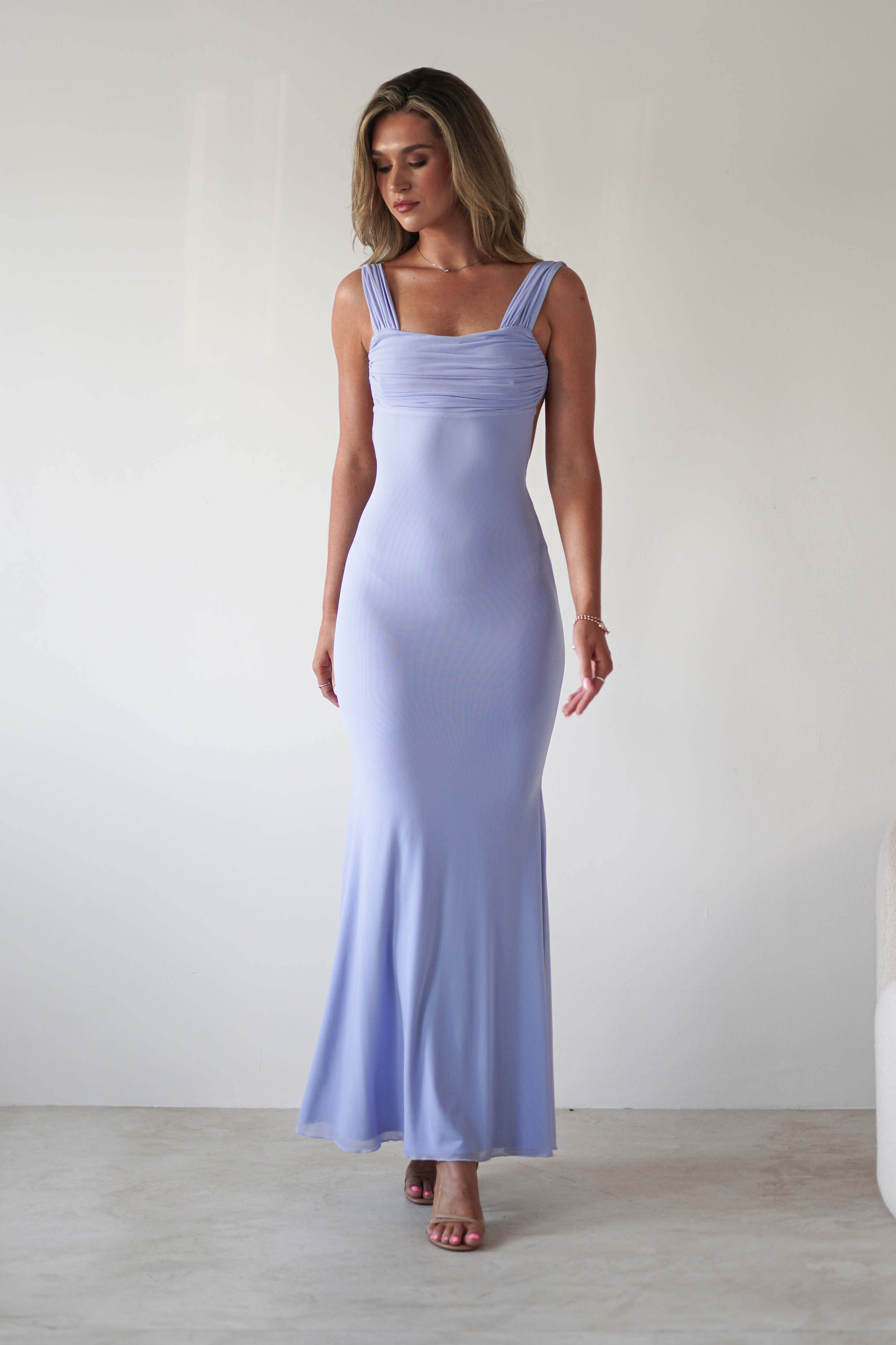 Sky Stretchy Mesh Backless Maxi Dress | Dusty Blue