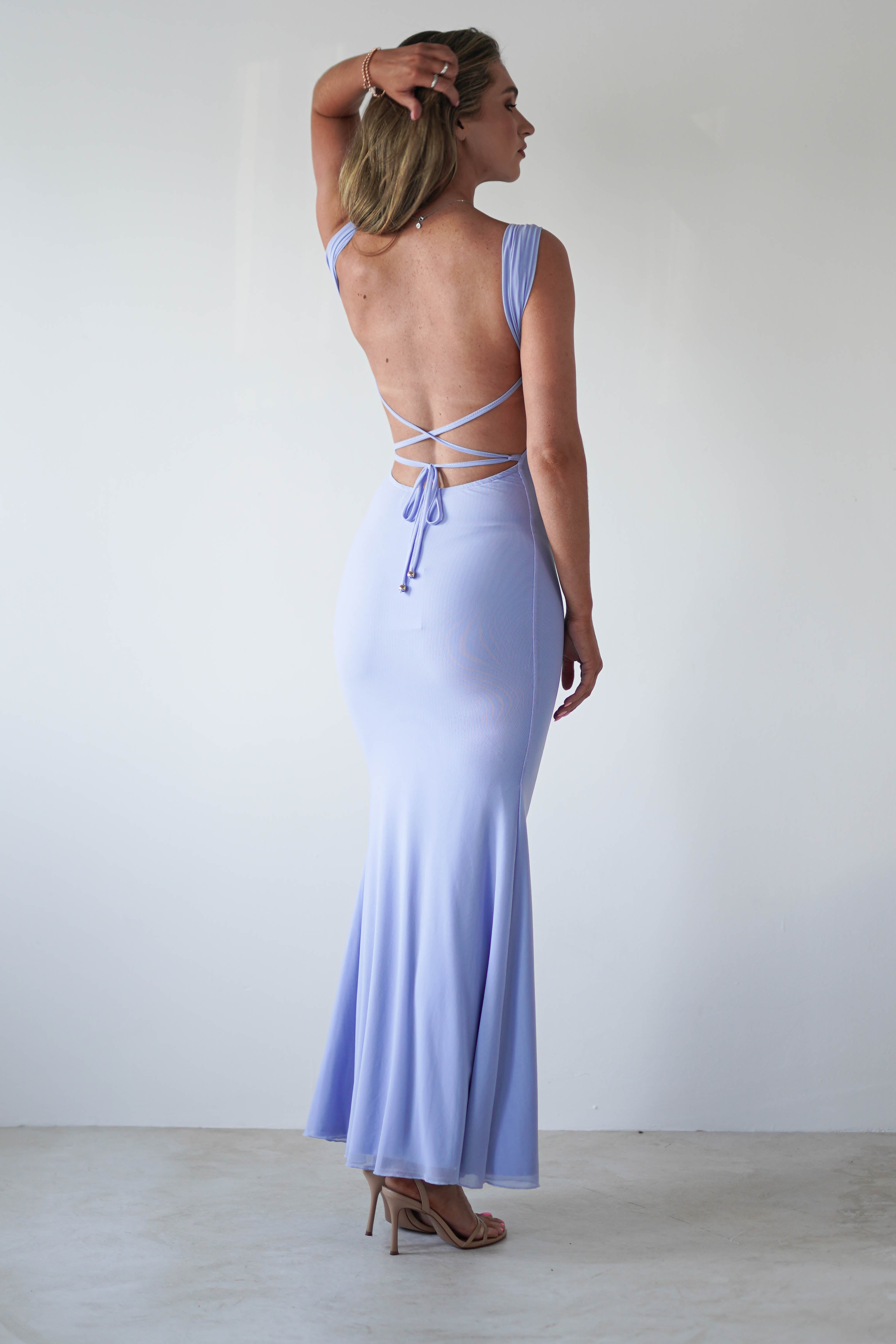 Sky Stretchy Mesh Backless Maxi Dress | Dusty Blue