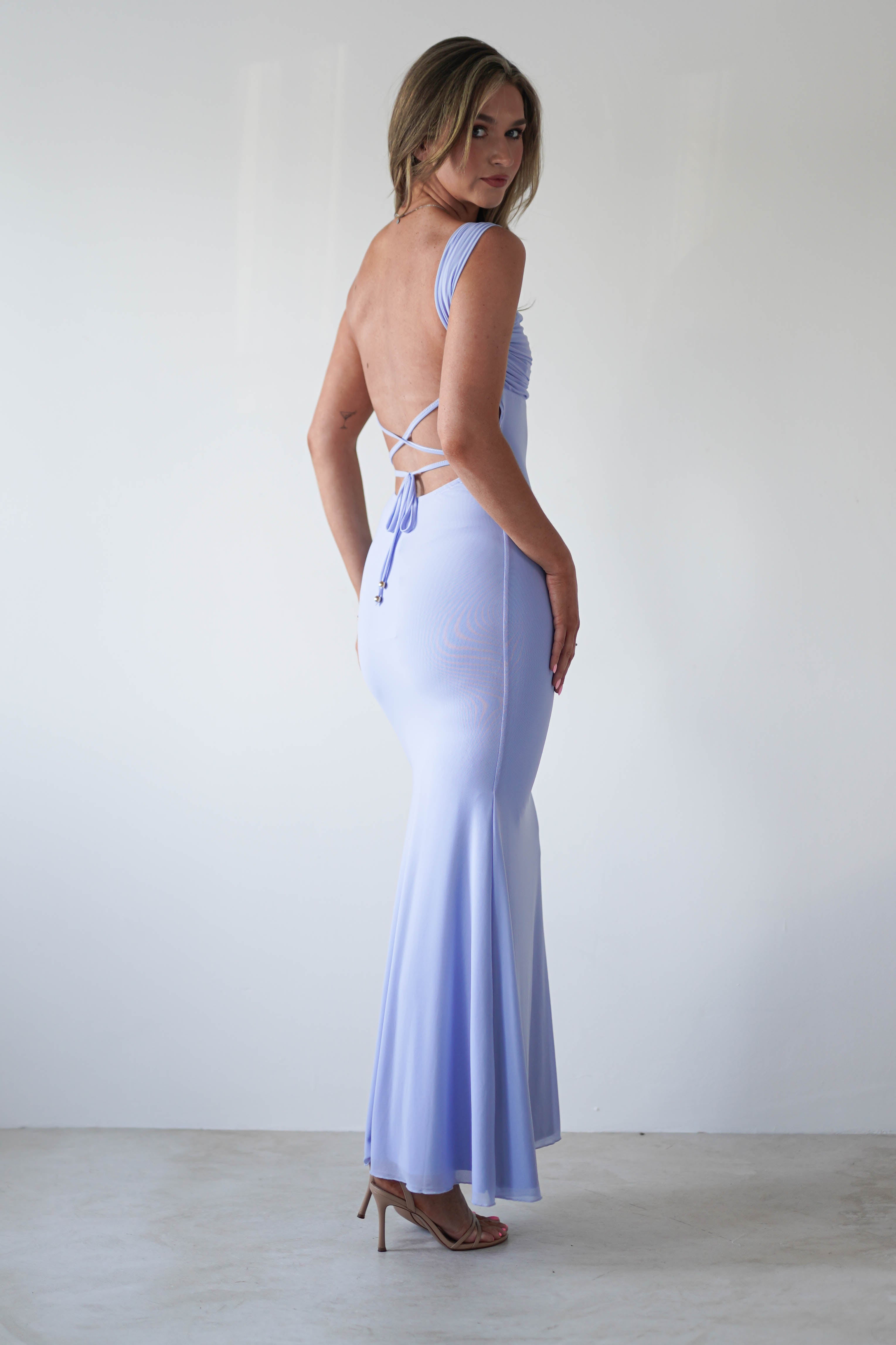 Sky Stretchy Mesh Backless Maxi Dress | Dusty Blue