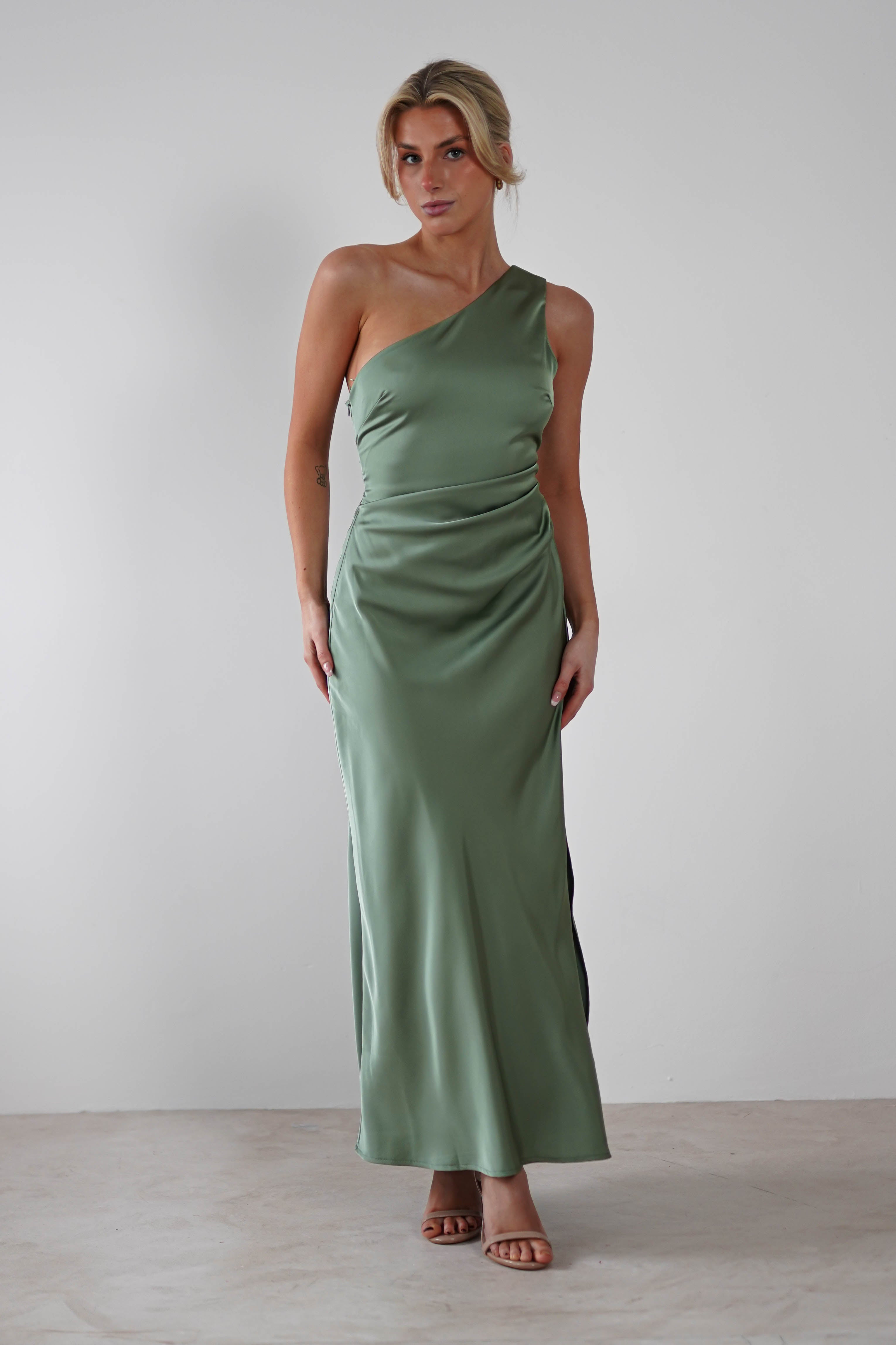 Meera Soft Matte Satin Midaxi Dress | Olive - Oh Hello Clothing
