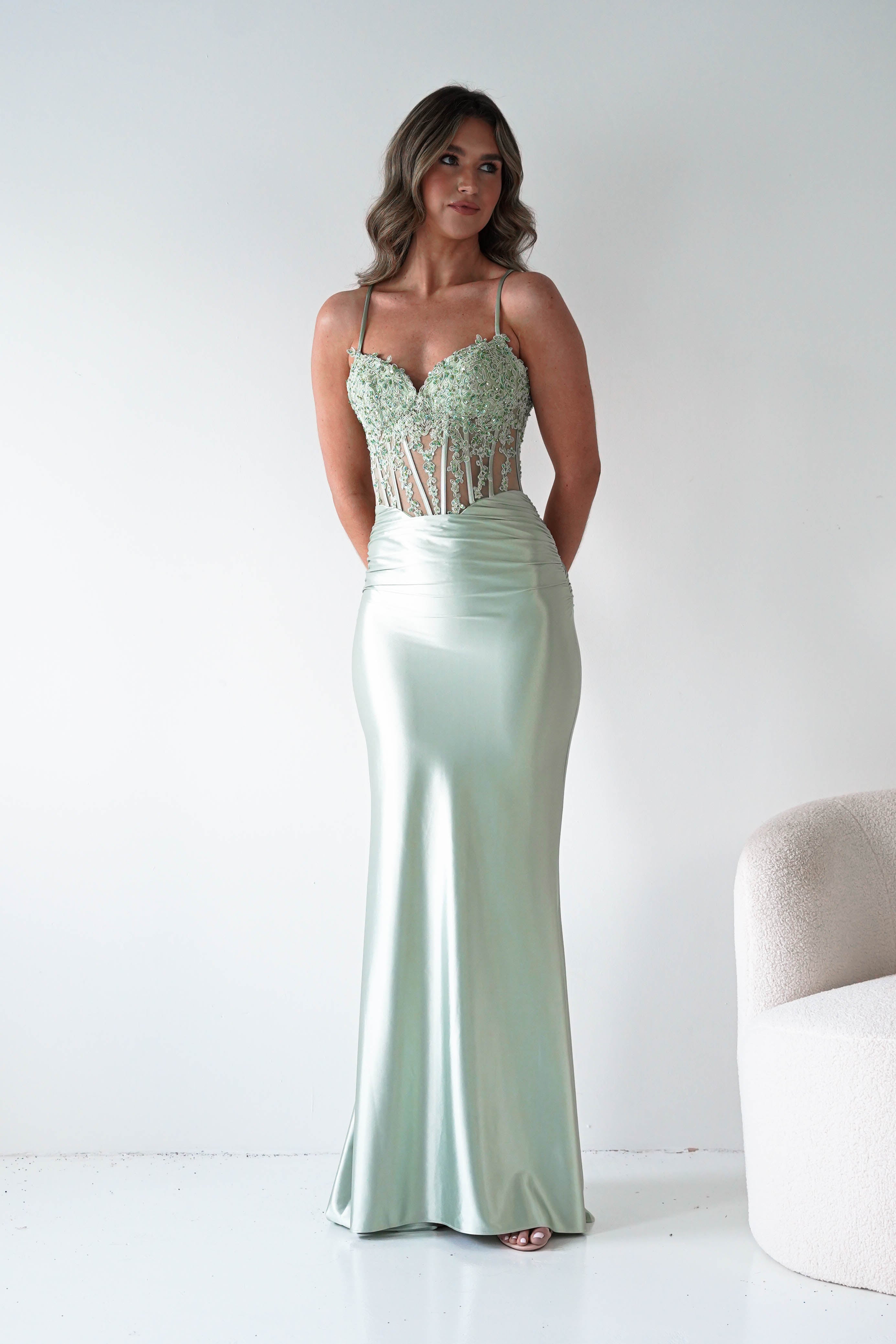 Oh Hello Clothing Dresses > Prom Dresses 1*DONE- Raya Embellished Corset Gown | NEW COLOUR- Sage SAMPLE (Copy) (Copy)