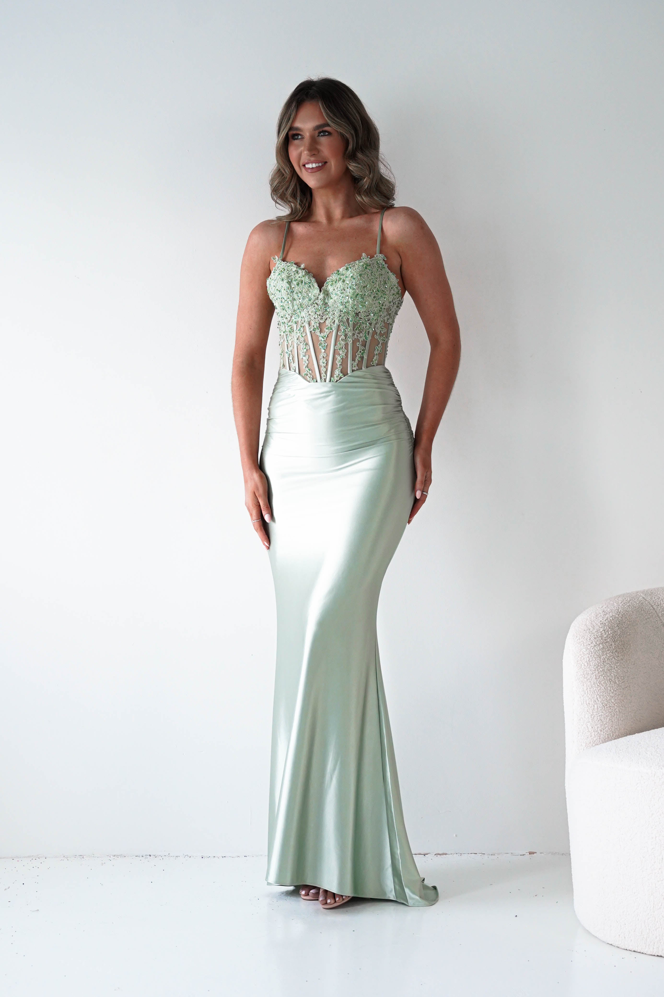 Oh Hello Clothing Dresses > Prom Dresses 1*DONE- Raya Embellished Corset Gown | NEW COLOUR- Sage SAMPLE (Copy) (Copy)