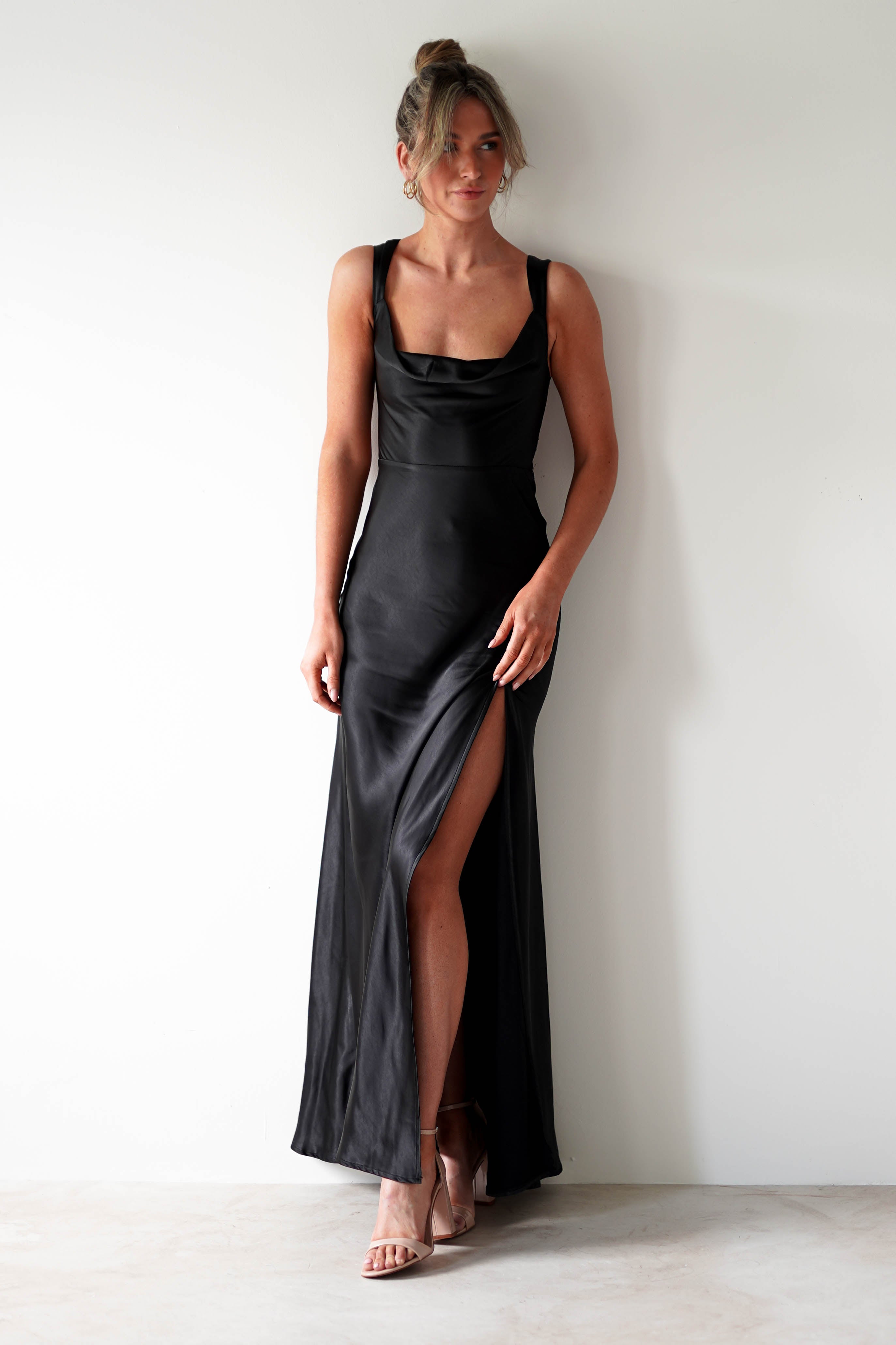 Riviera Soft Satin Maxi Gown | Black - Oh Hello Clothing