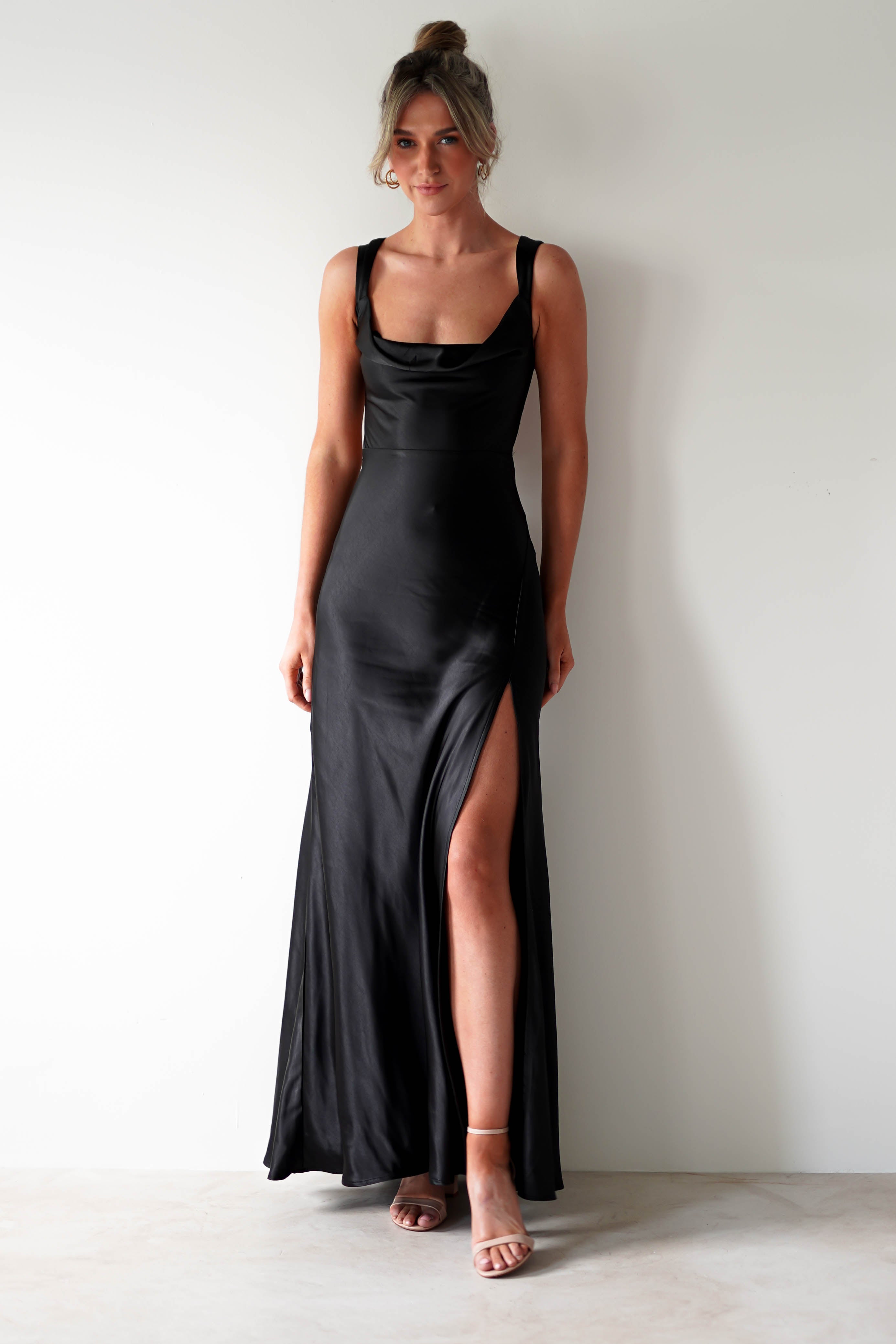 Riviera Soft Satin Maxi Gown | Black - Oh Hello Clothing