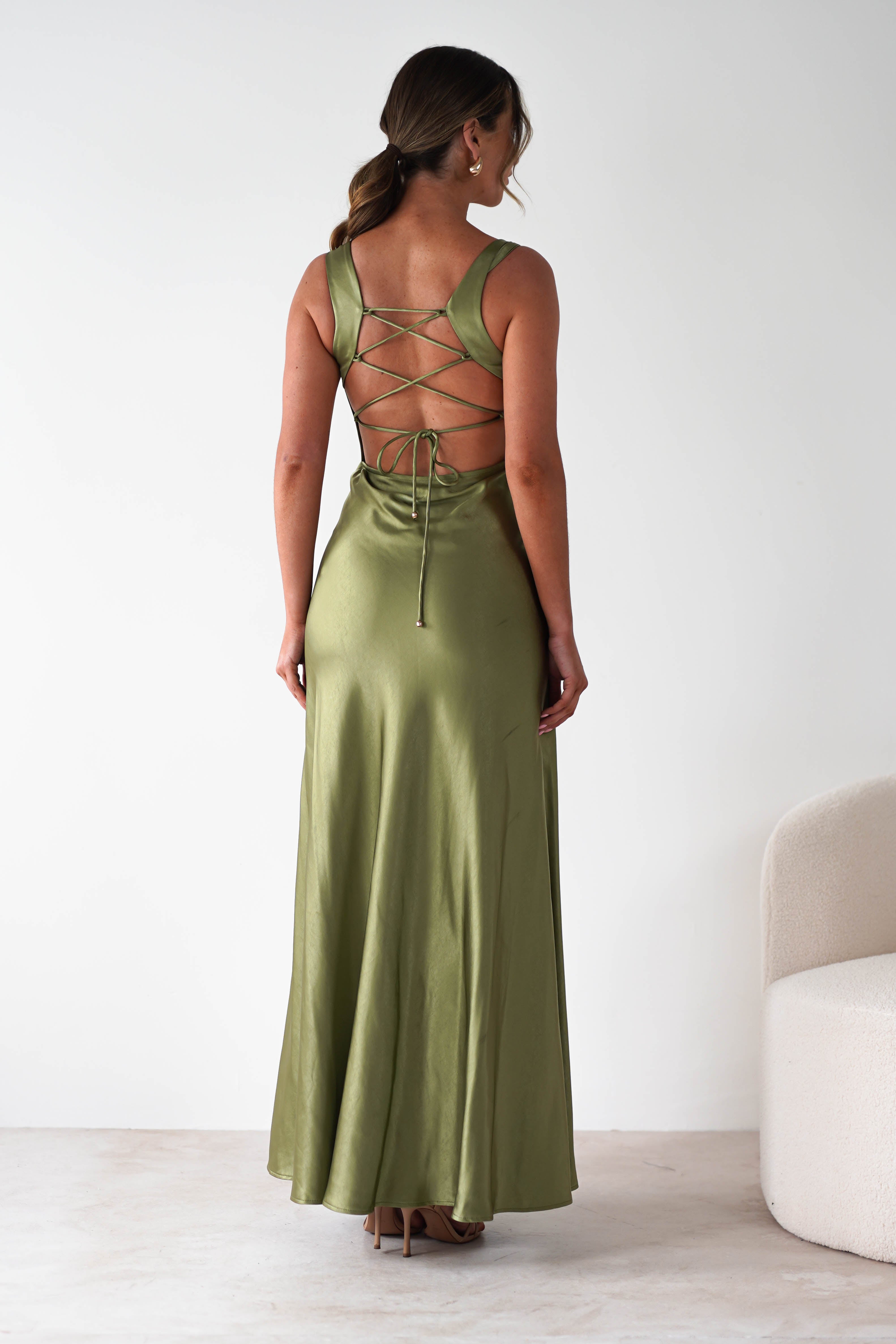 Riviera Soft Satin Maxi Gown | Olive | Oh Hello Clothing | XS (6)