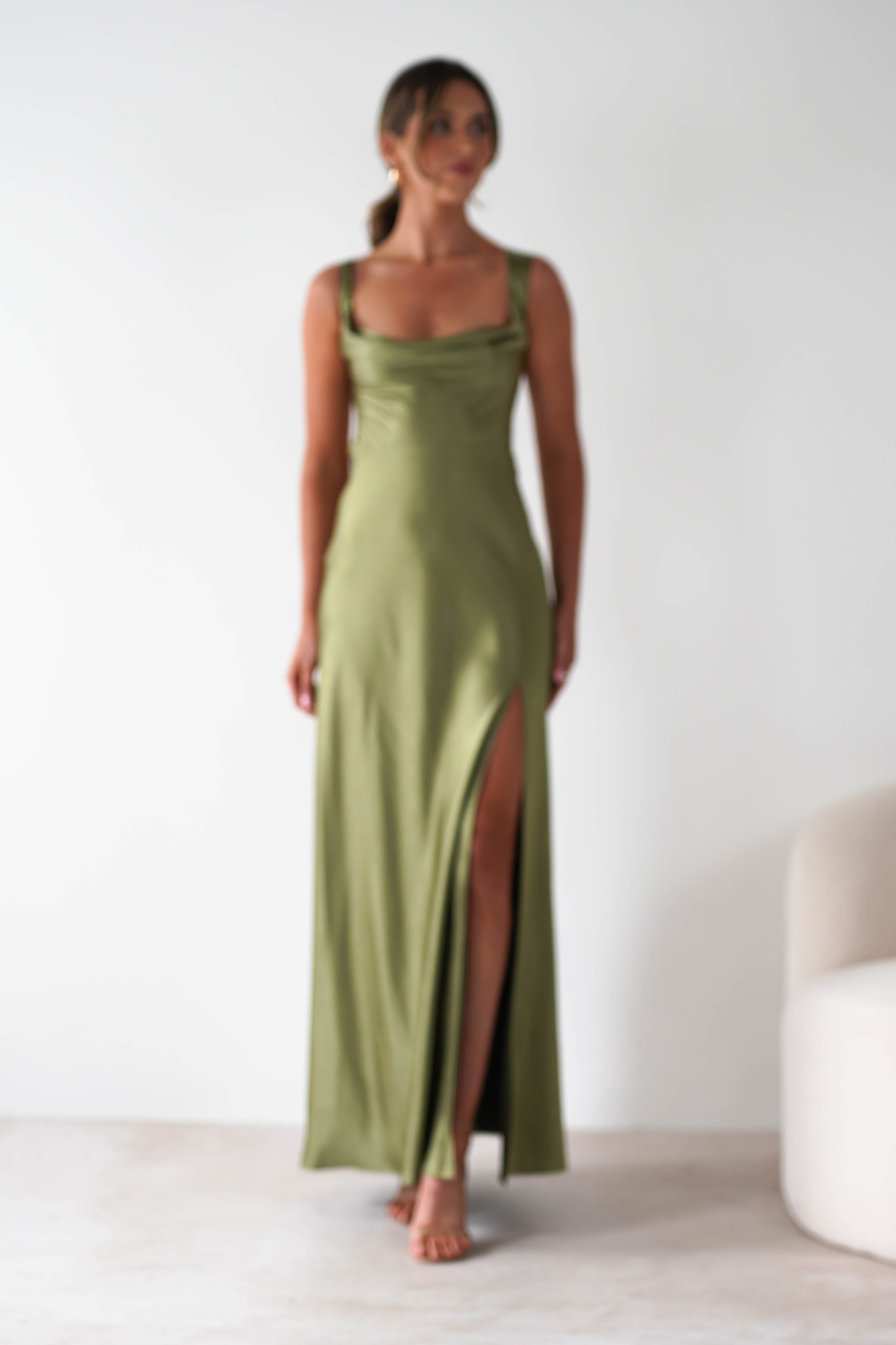 Riviera Soft Satin Maxi Gown | Olive | Oh Hello Clothing | XS (6)