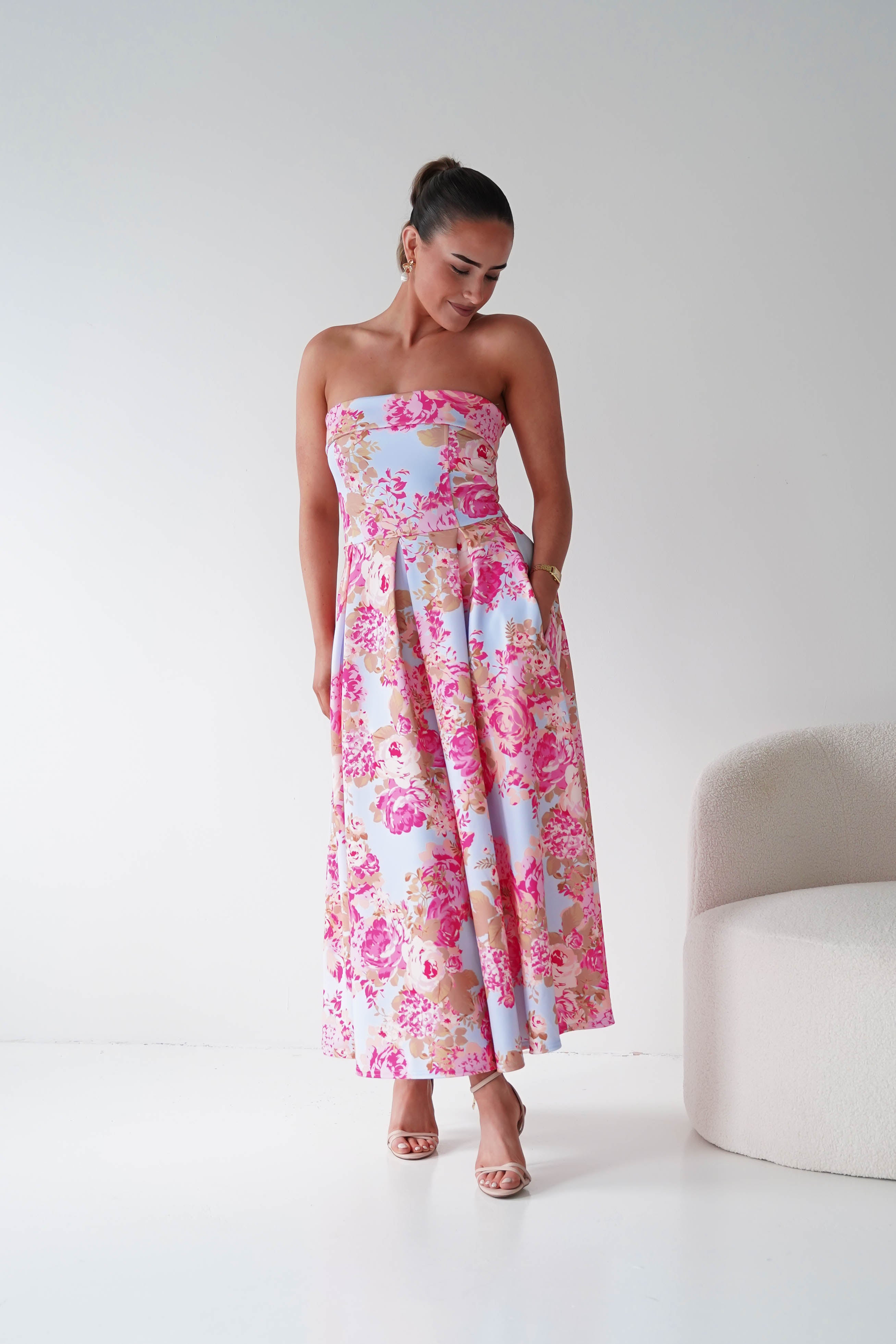 Oh Hello Clothing Women > Clothing > Dresses 1*DONE -S18893- DANNI STRAPLESS MIDI DRESS FLROAL - BLUE