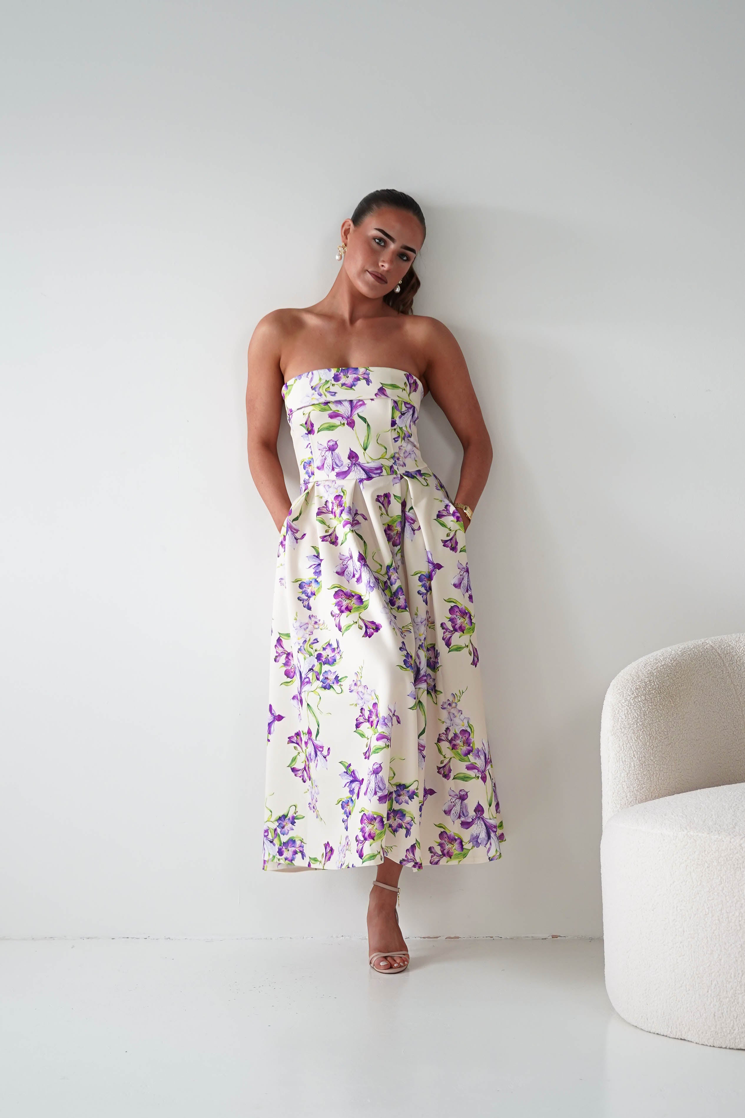 Oh Hello Clothing Women > Clothing > Dresses 1*DONE -S18893- DANNI STRAPLESS MIDI DRESS FLROAL -YELLOW (Copy)