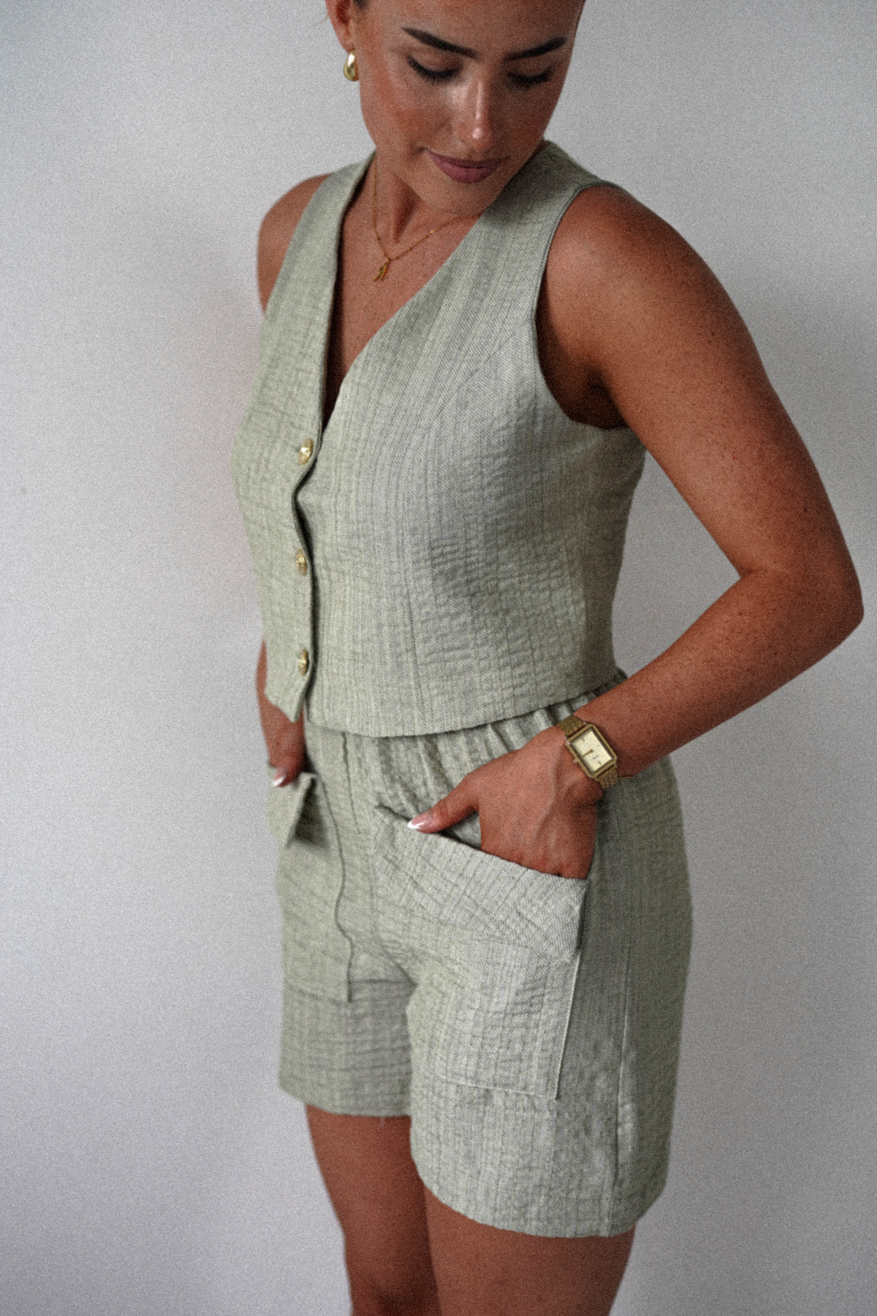 Sonia Waistcoat and Shorts Set | Light Green | Oh Hello Clothing | S (8)