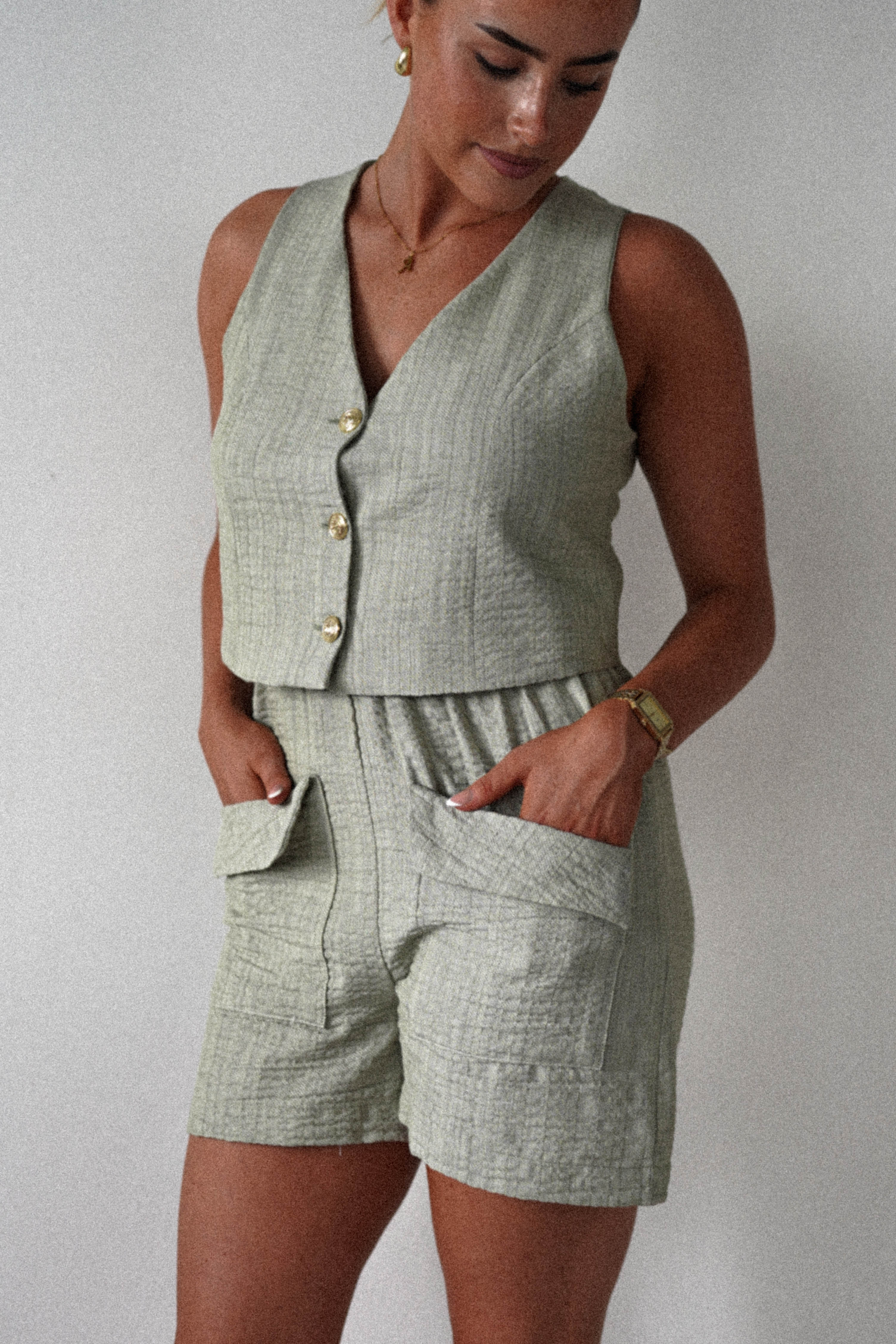Sonia Waistcoat and Shorts Set | Light Green | Oh Hello Clothing | S (8)