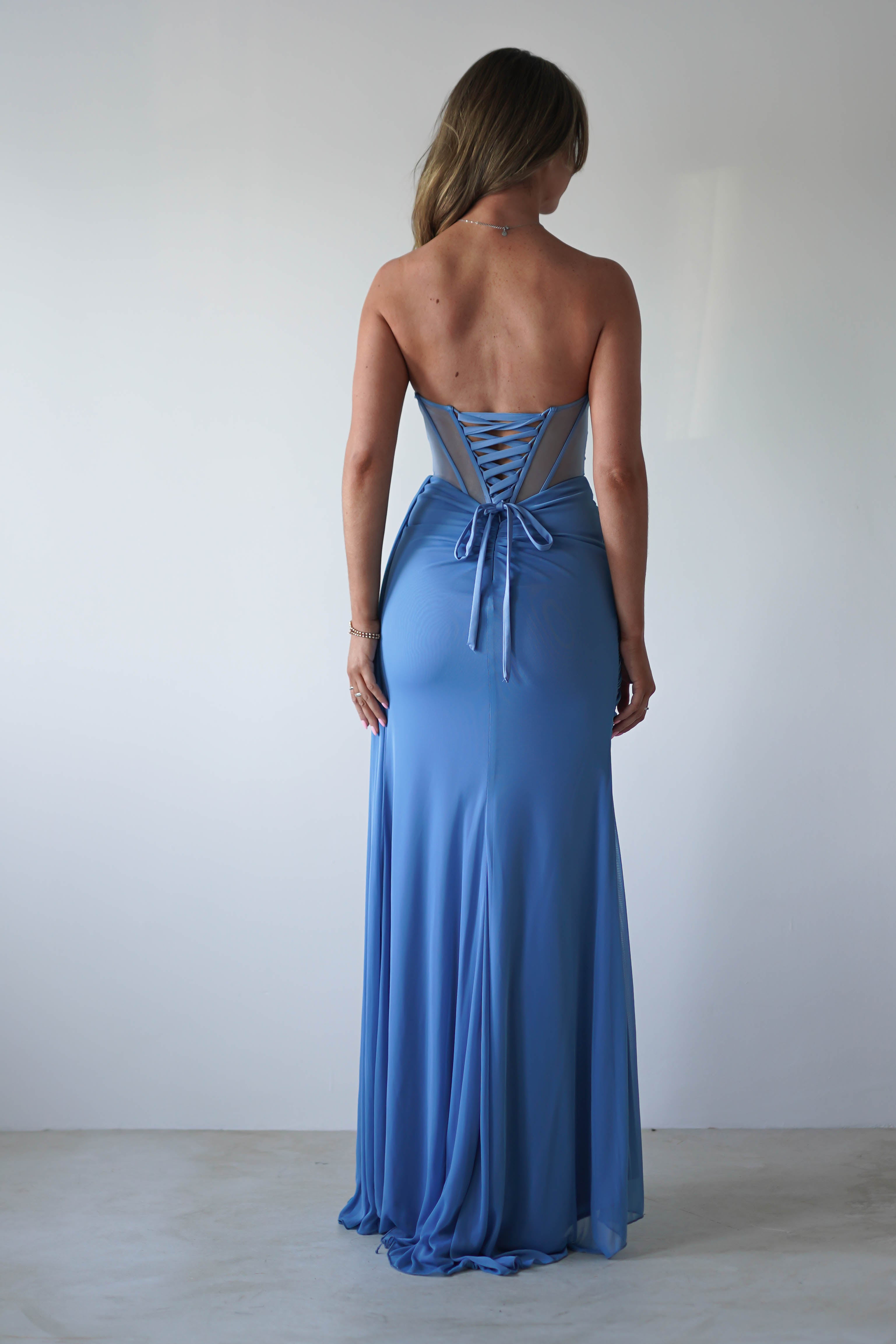 Robyn Draped Fitted Stapless Gown | Blue | Oh Hello Clothing | XS (6)