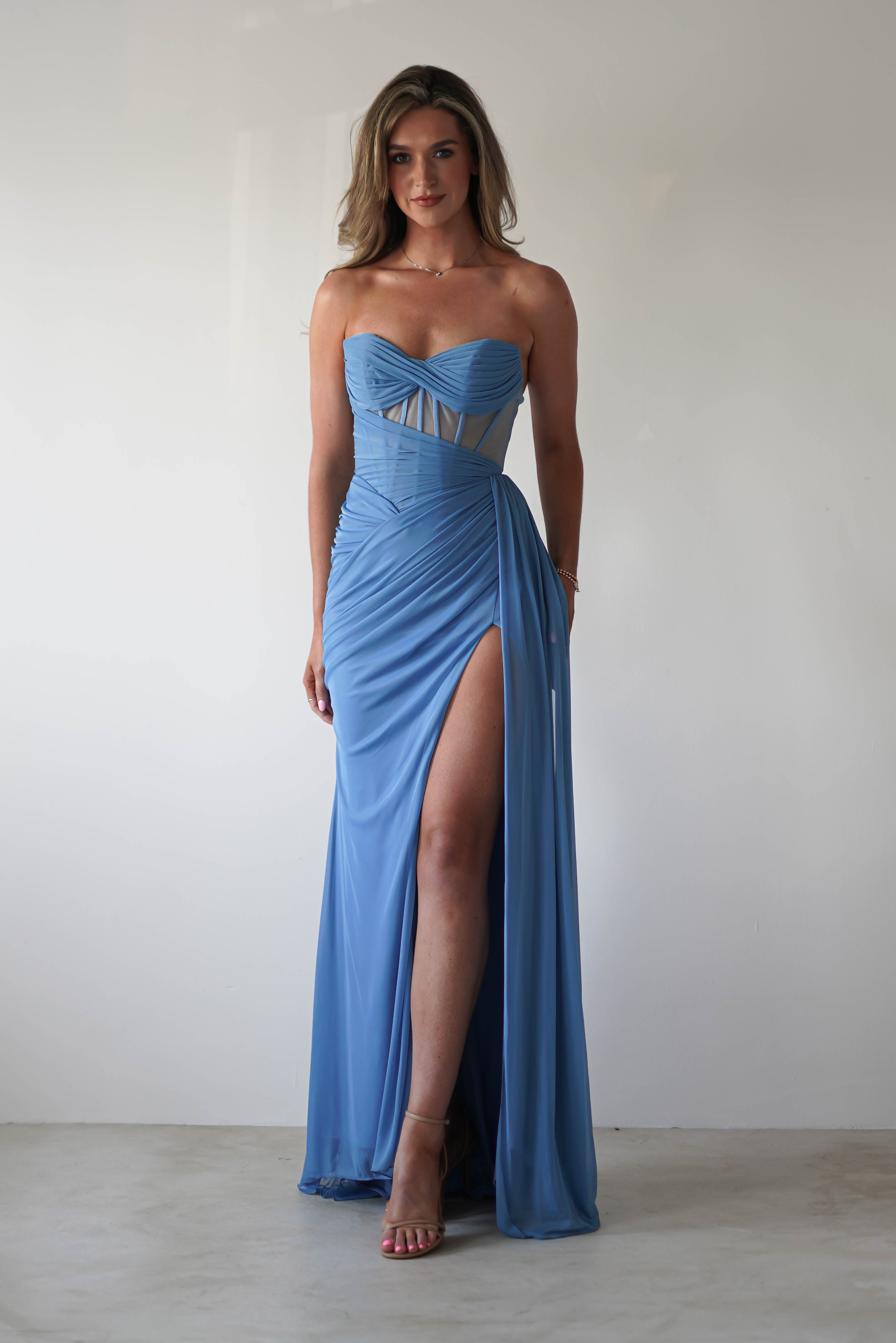 Robyn Draped Fitted Stapless Gown | Blue | Oh Hello Clothing | XS (6)