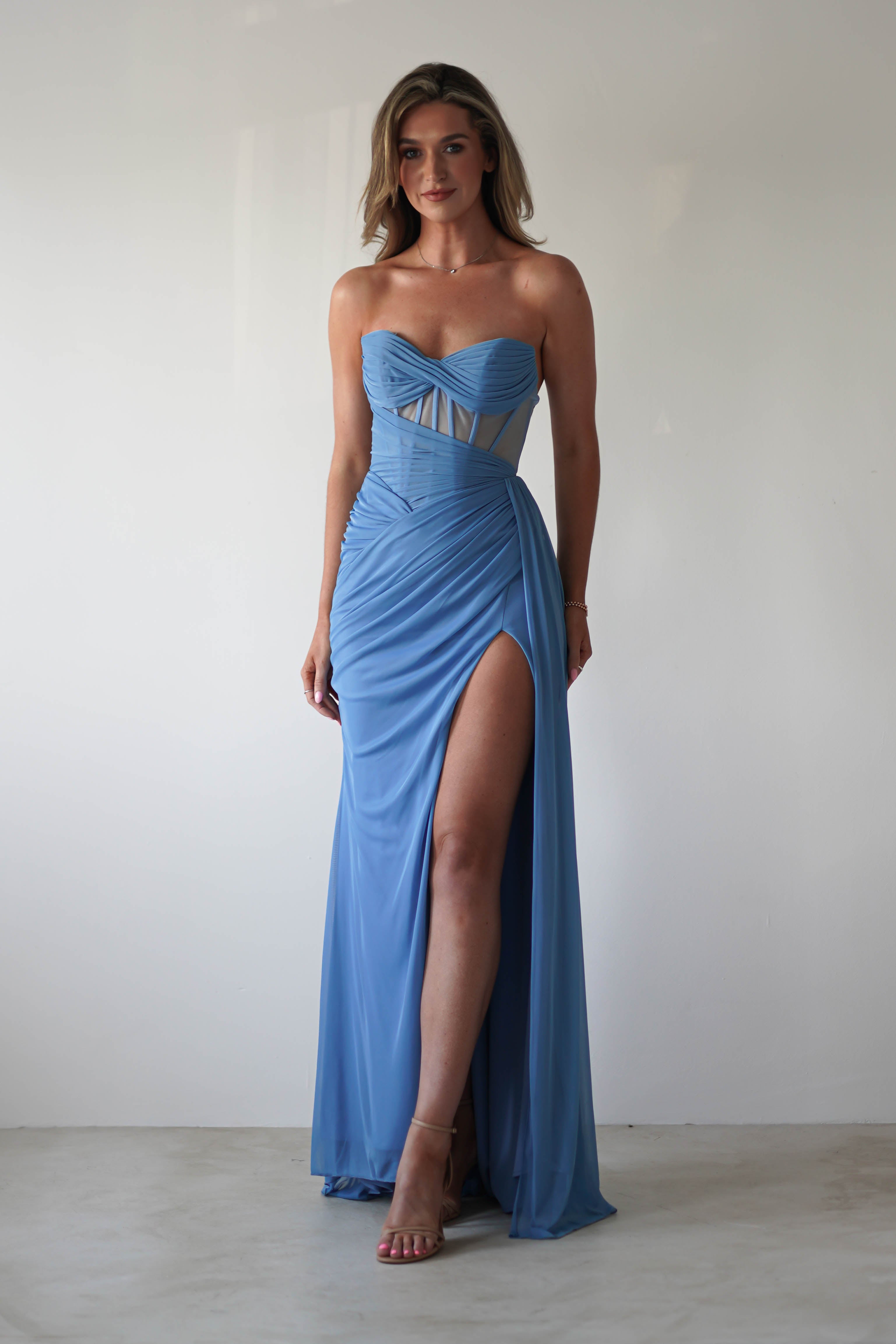 Robyn Draped Fitted Stapless Gown | Blue | Oh Hello Clothing | XS (6)