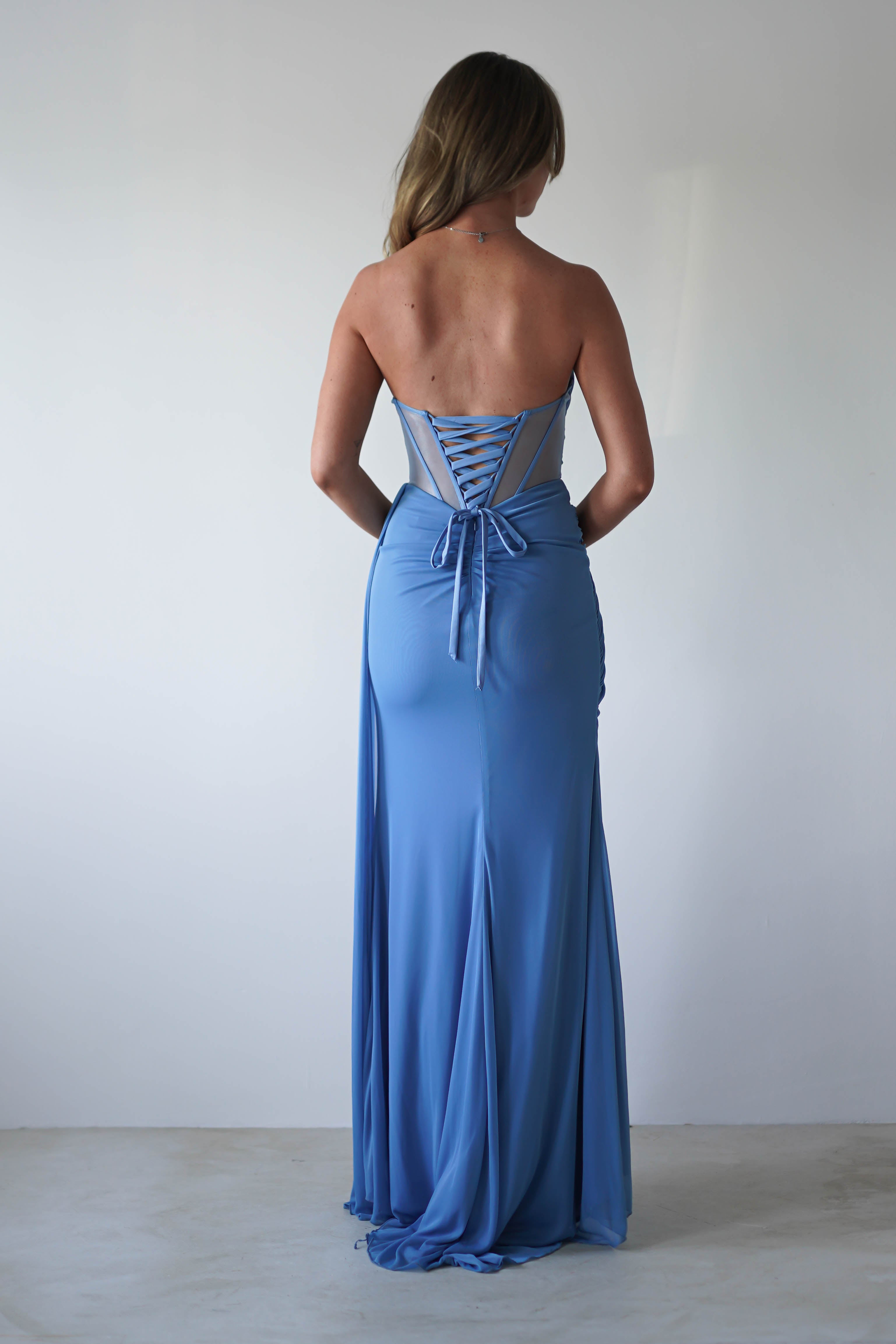 Robyn Draped Fitted Stapless Gown | Blue | Oh Hello Clothing | XS (6)
