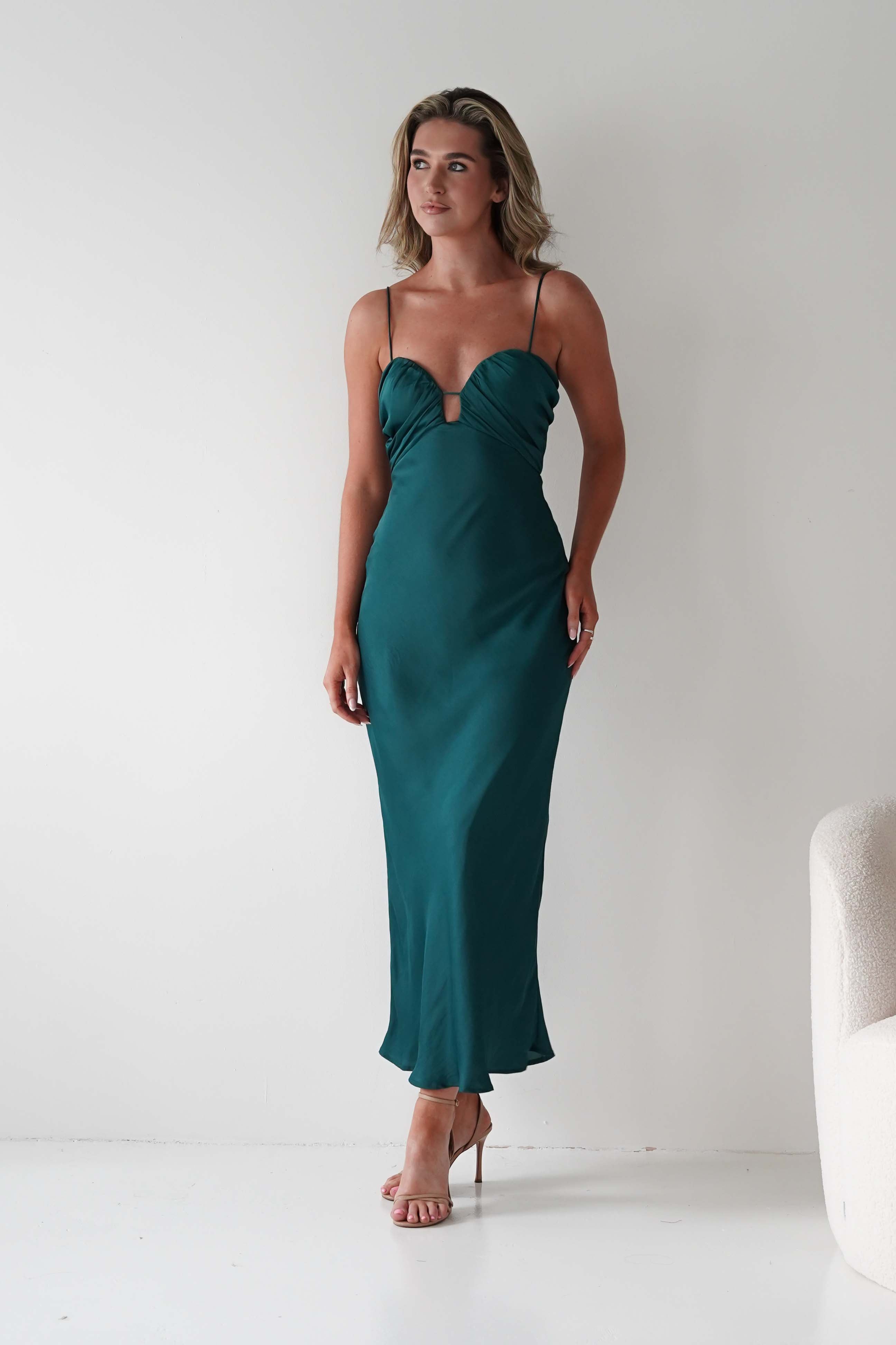 FACTORY 1*DONE-SASHA-64363B01- DARK GREEN MAXI DRESS WITH STRAPS