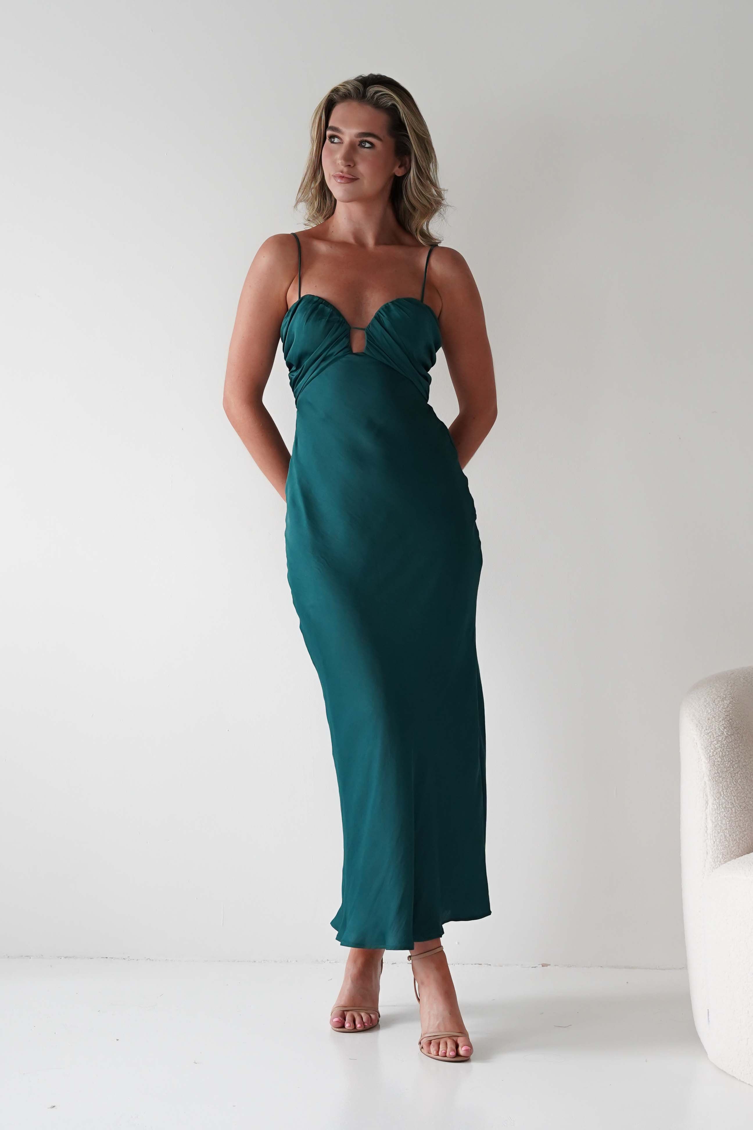 FACTORY 1*DONE-SASHA-64363B01- DARK GREEN MAXI DRESS WITH STRAPS