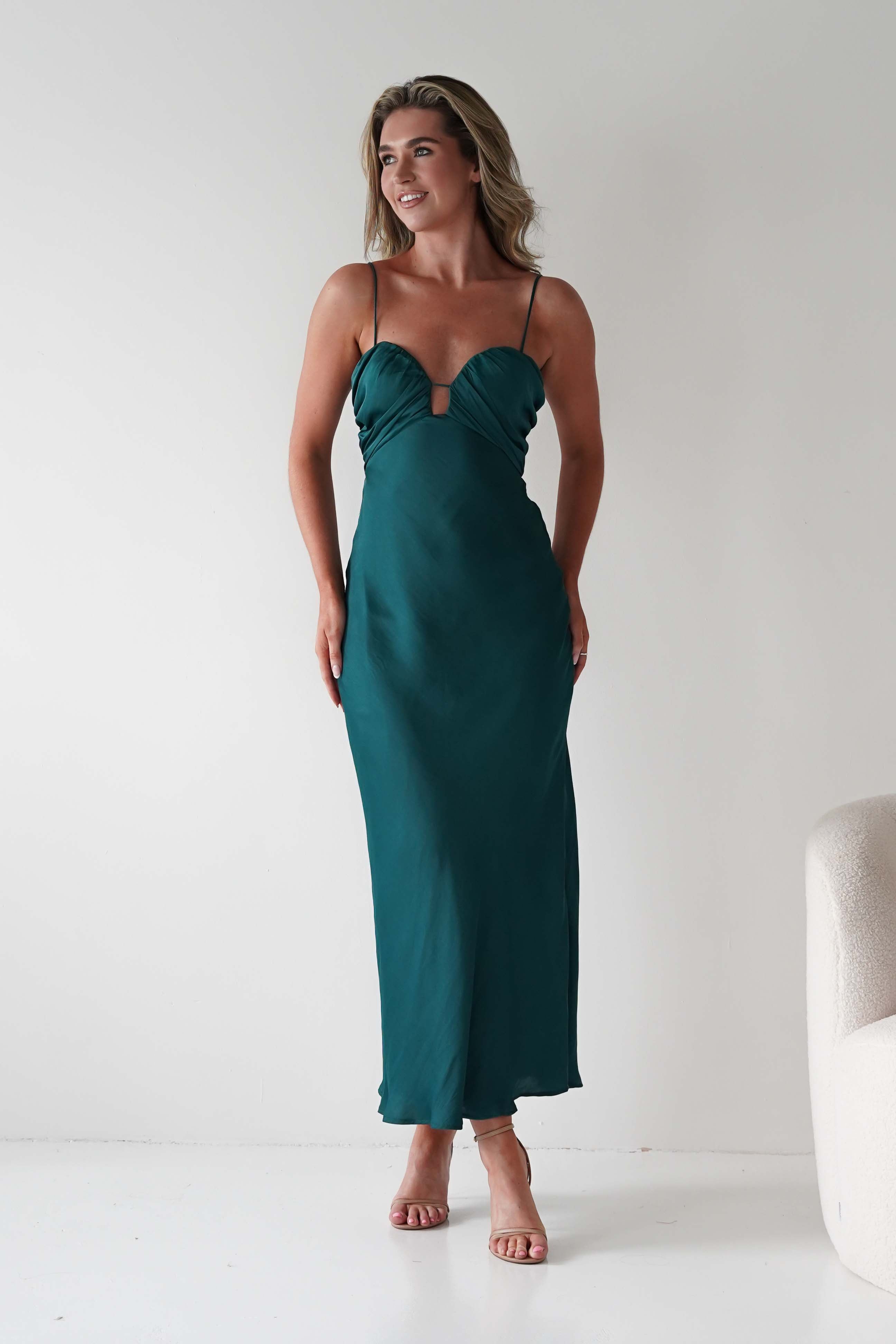 FACTORY 1*DONE-SASHA-64363B01- DARK GREEN MAXI DRESS WITH STRAPS