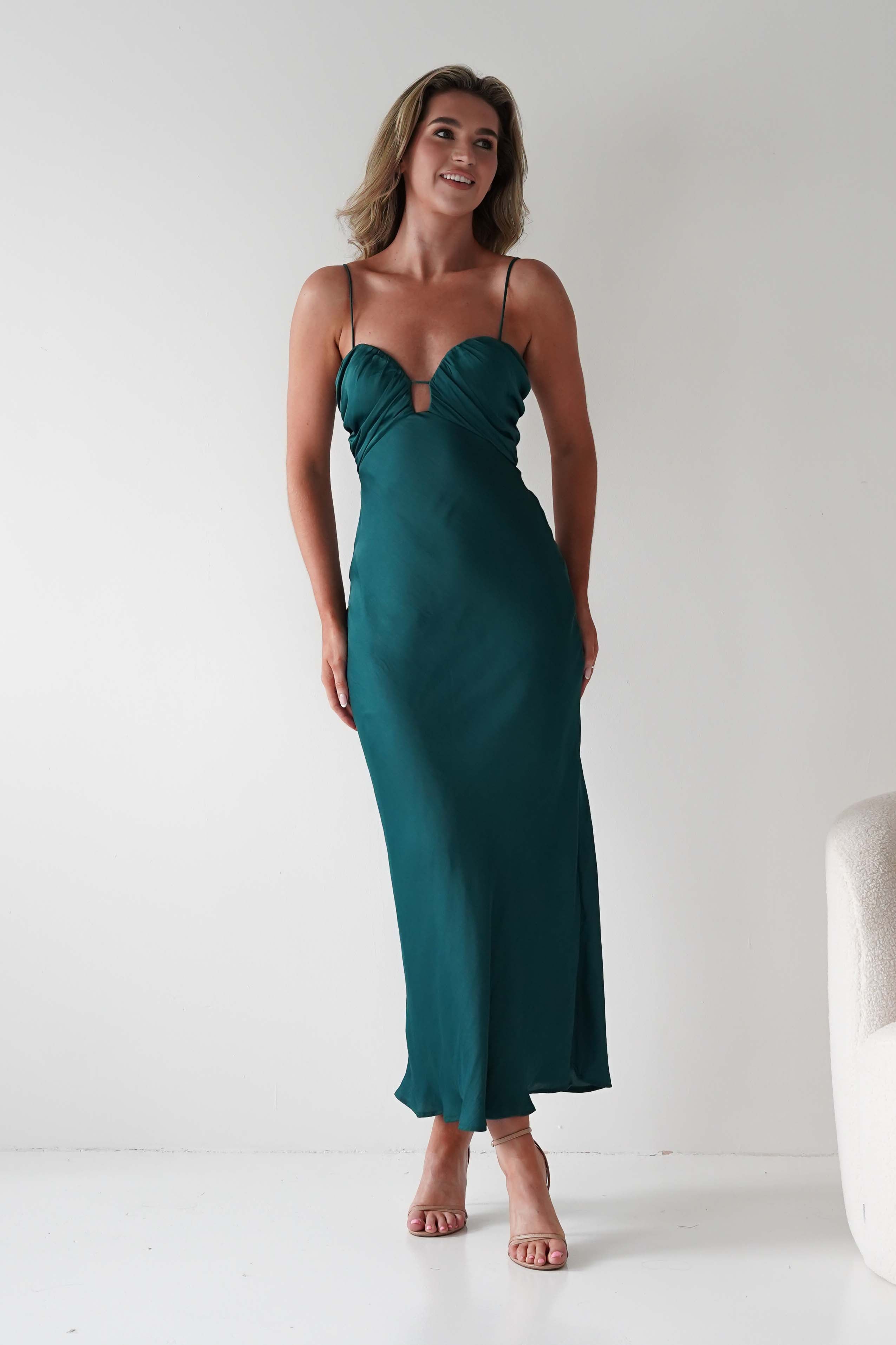 FACTORY 1*DONE-SASHA-64363B01- DARK GREEN MAXI DRESS WITH STRAPS