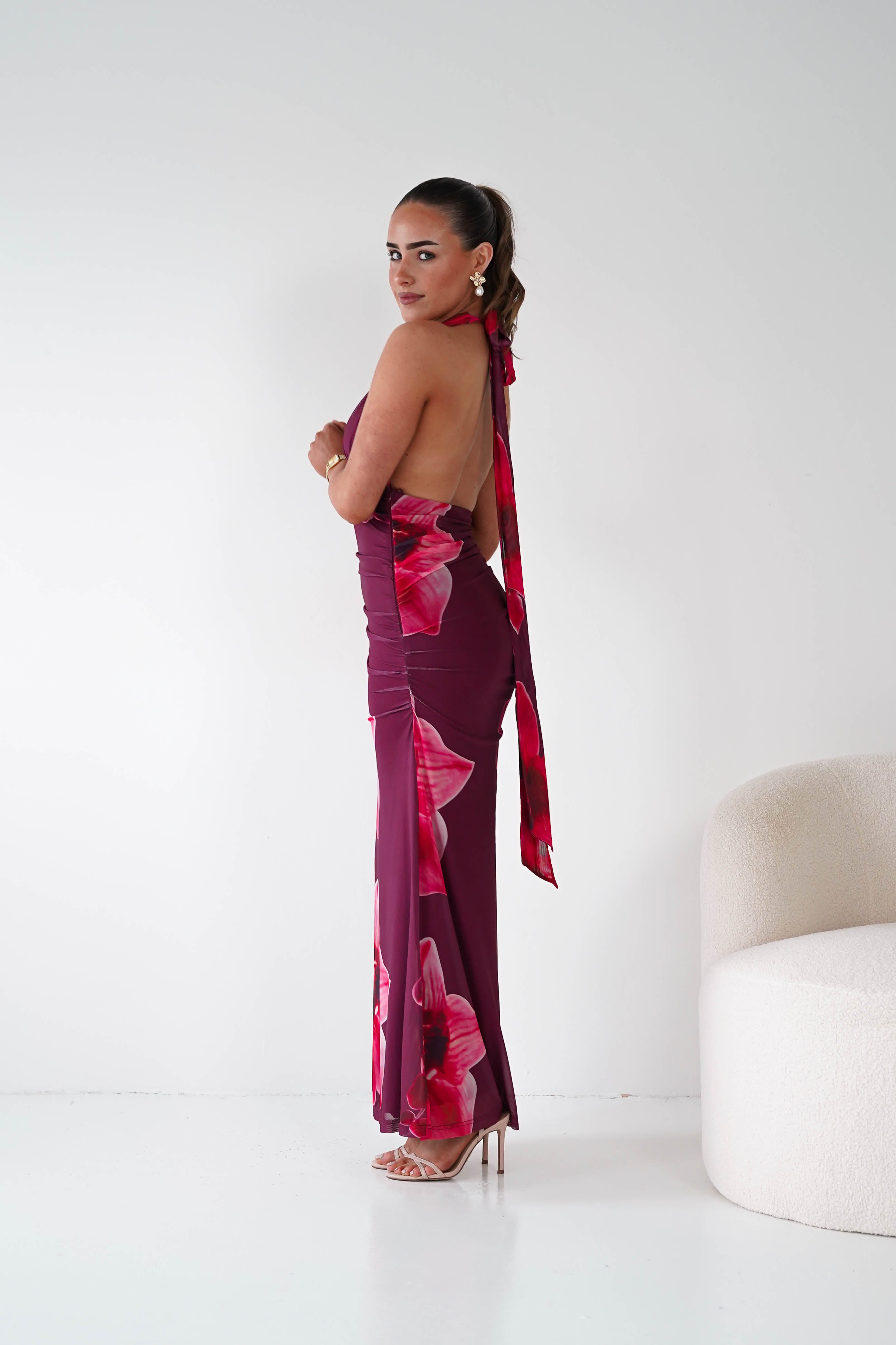Oh Hello Clothing Women > Clothing > Dresses 1*DONE -SASHA-64836J02-Fuchsia Floral Tie-Back Ruched Maxi Dress