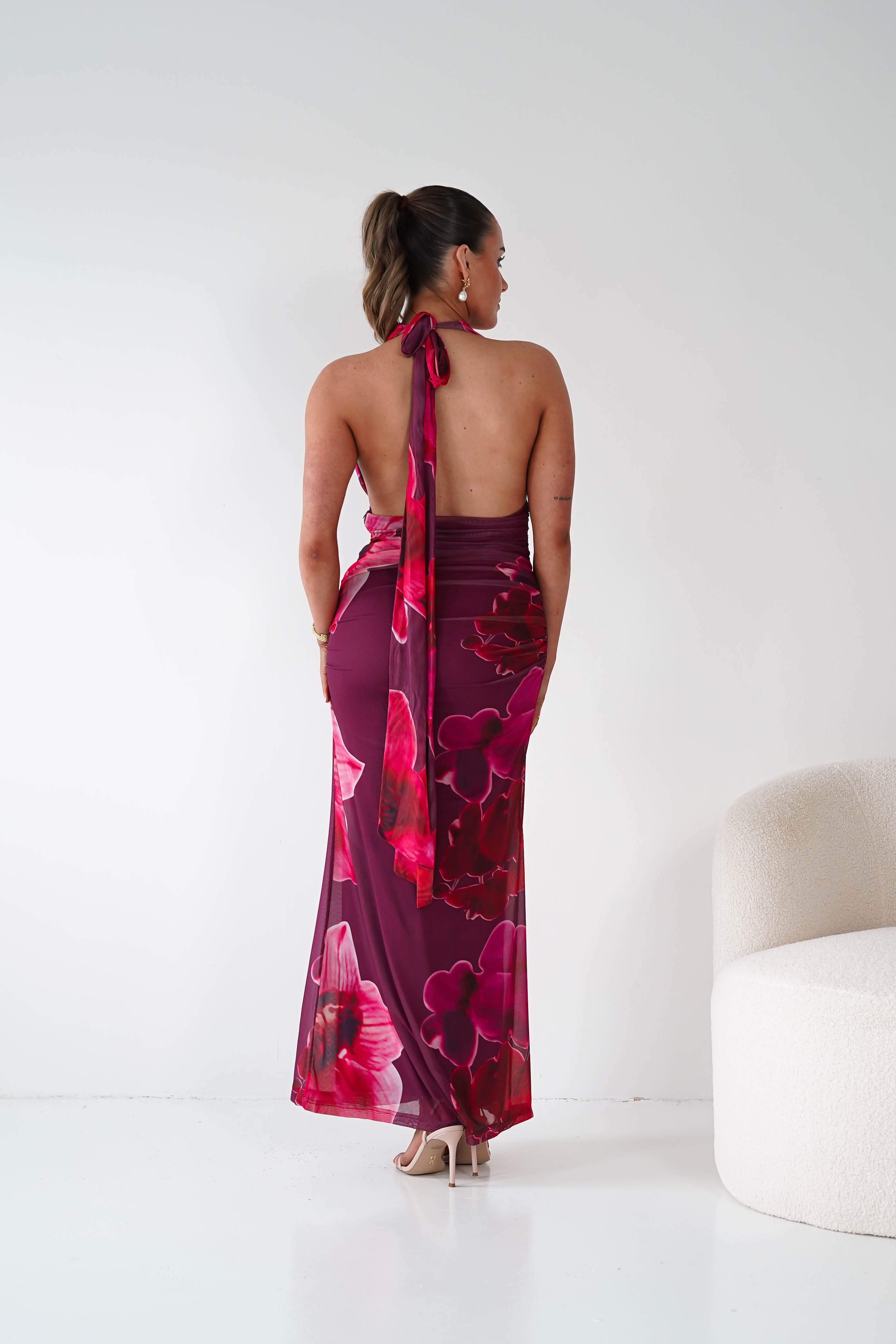 Oh Hello Clothing Women > Clothing > Dresses 1*DONE -SASHA-64836J02-Fuchsia Floral Tie-Back Ruched Maxi Dress