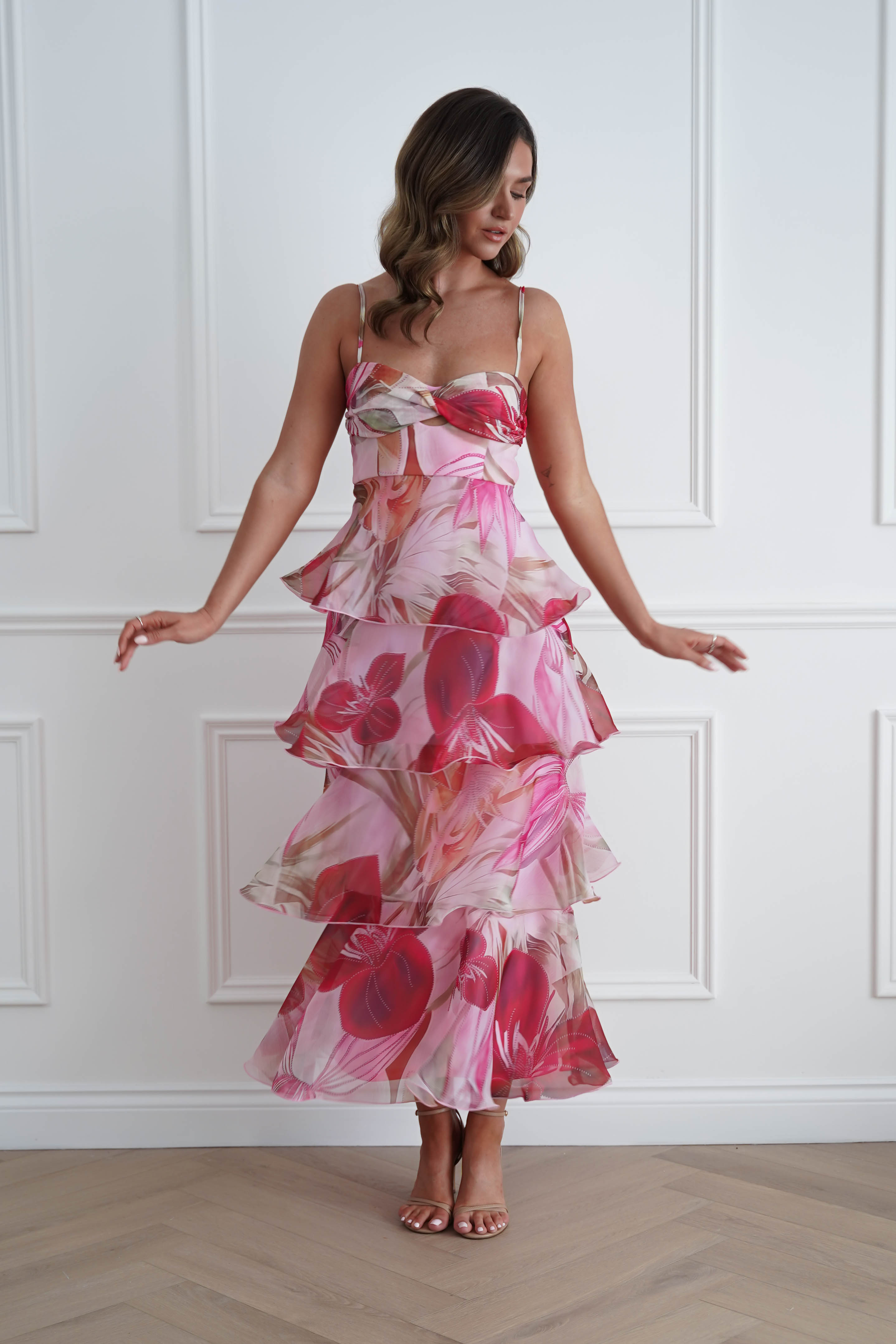 Oh Hello Clothing Women > Clothing > Dresses 1*DONE*SASHA- 64994W01- Pink Floral Tiered Ruffle Maxi Dress
