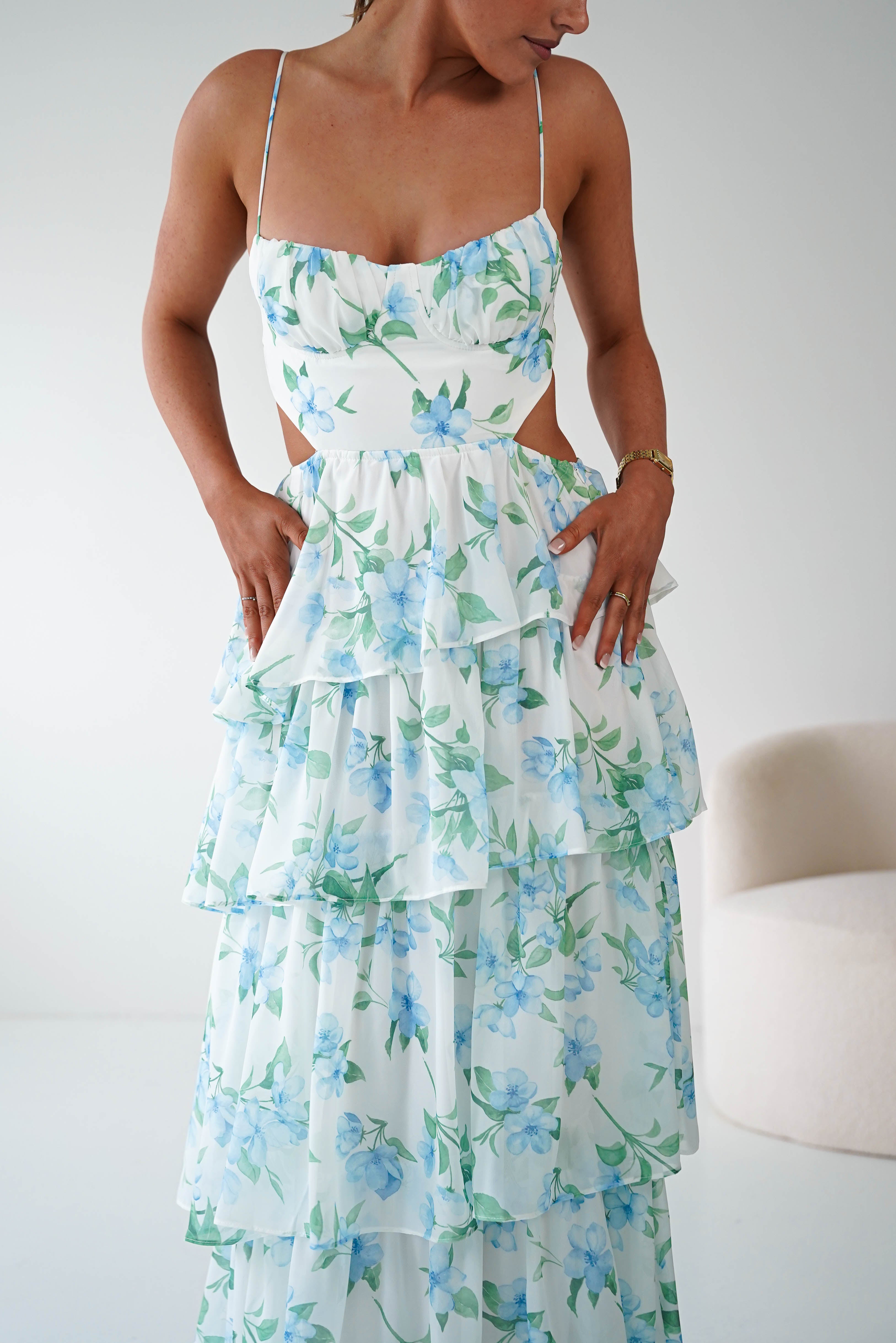 Oh Hello Clothing Women > Clothing > Dresses 1*DONE -SASHA-65057D- Blue Floral Tiered Midi Dress