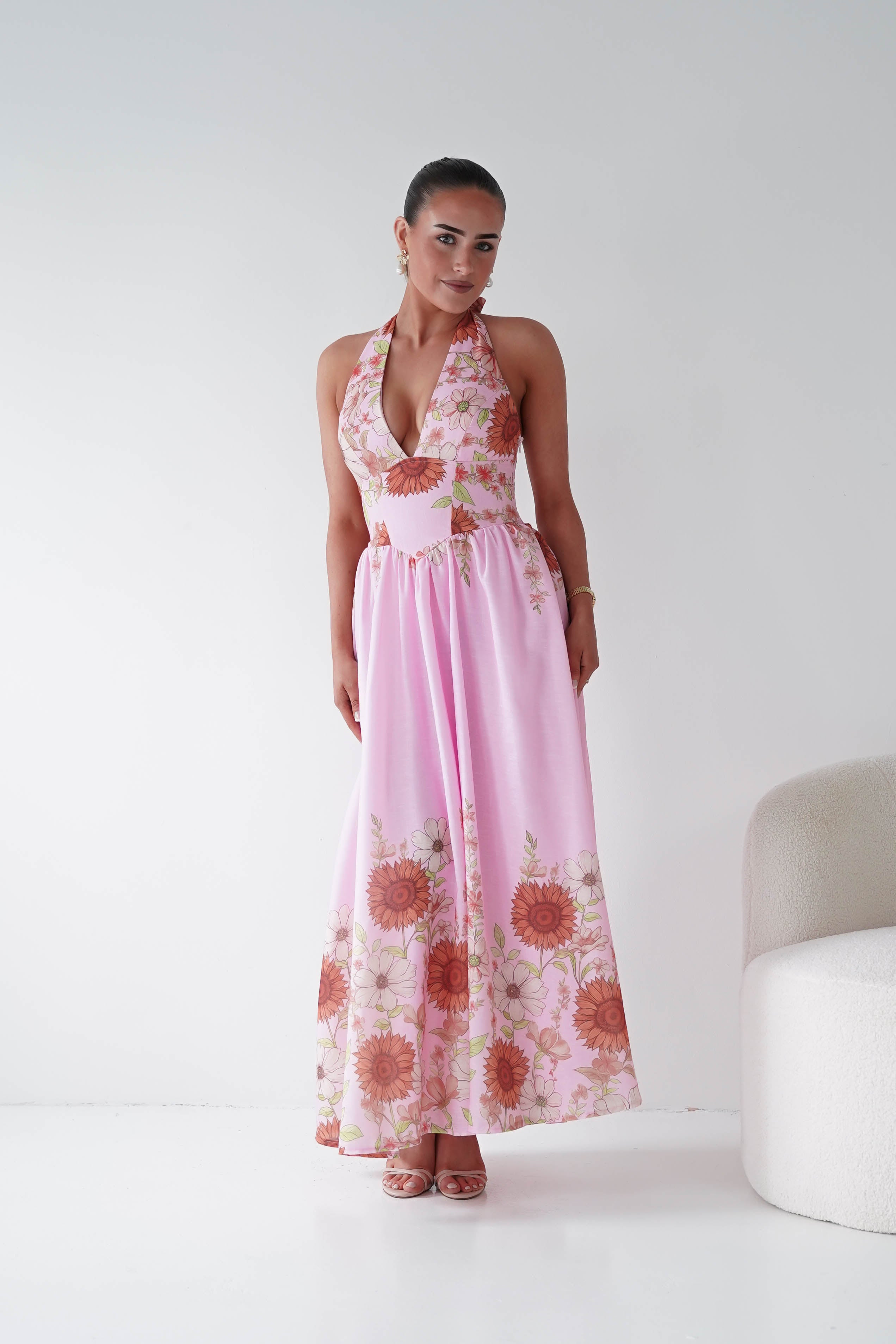 Oh Hello Clothing Women > Clothing > Dresses 1*DONE -SASHA-Pink Floral halter Maxi Dress-64784D05